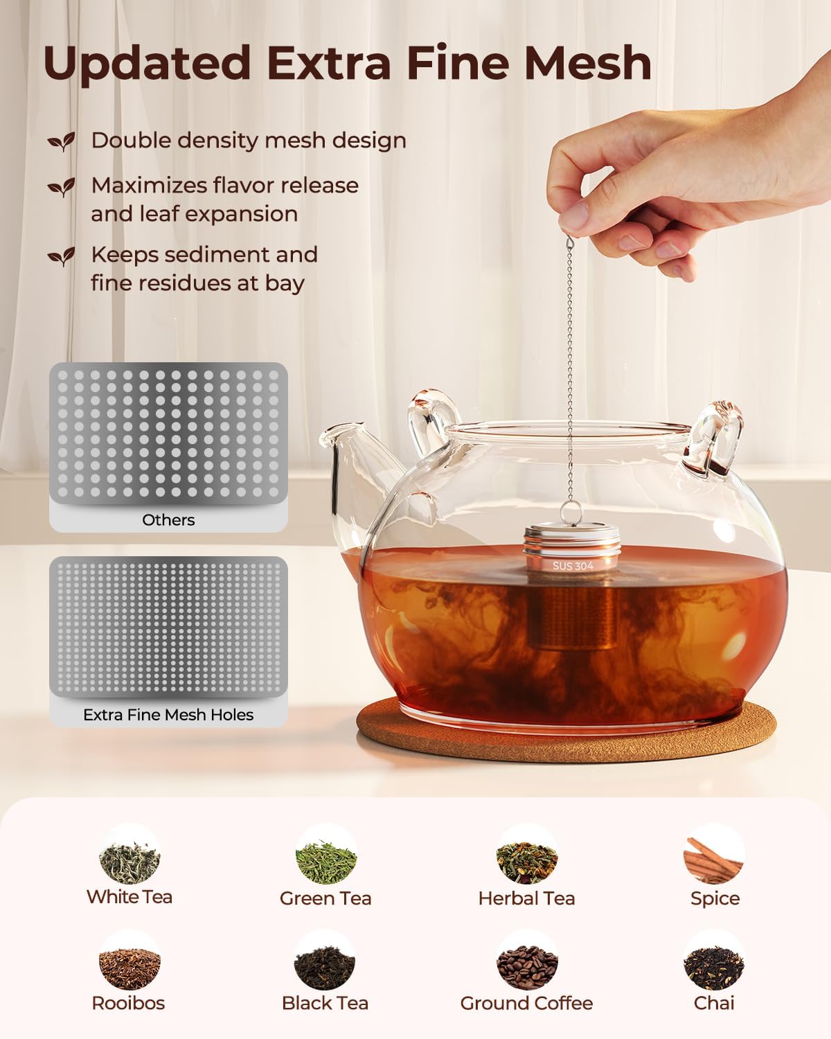 2 Pack Reinmoson Large Tea Infuser for Loose Tea & Spice Infuser for Cooking, 2.1” x 2.9” Extra Fine Mesh Large Tea Strainers, 304 Stainless Steel Loose Leaf Tea Steeper for Black Tea, Rooibos, etc - Image 3