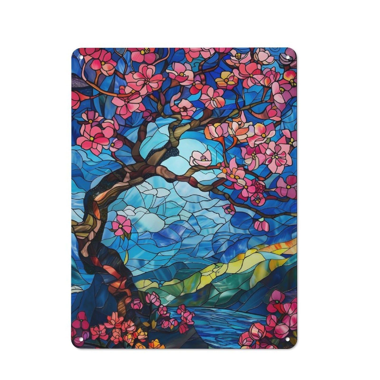 Junmoney Vibrant Cherry Blossoms Rustic Metal Plaque 40X30cm For Guest Room Or Hallway, For Home Interiors, Feature Walls And Decorative Displays