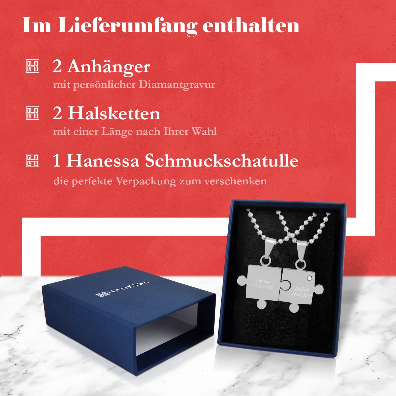 2 Stück Personalisierte Kette mit Gravur Edelstahl 60 cm mit Anhänger Herz Puzzle in silber - Personalisierte Geschenke für Damen Herren Freundin Freund - Partner Halskette für Sie und Ihn