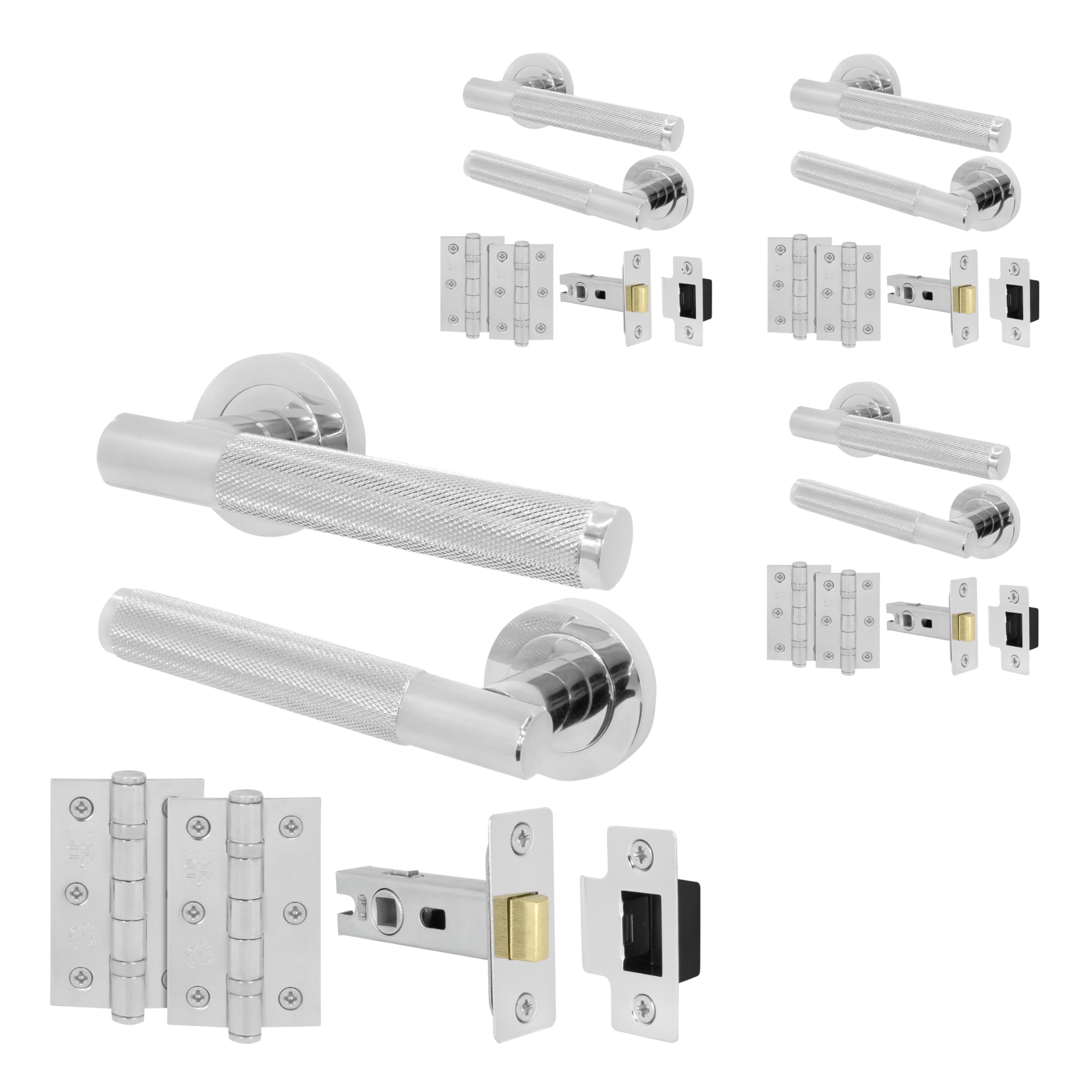 Eai Polished Chrome Chrome Door Handle Latch Set, Internal Door Handle With 64Mm Latch And 76Mm Hinges, Varri Range 4 Pack