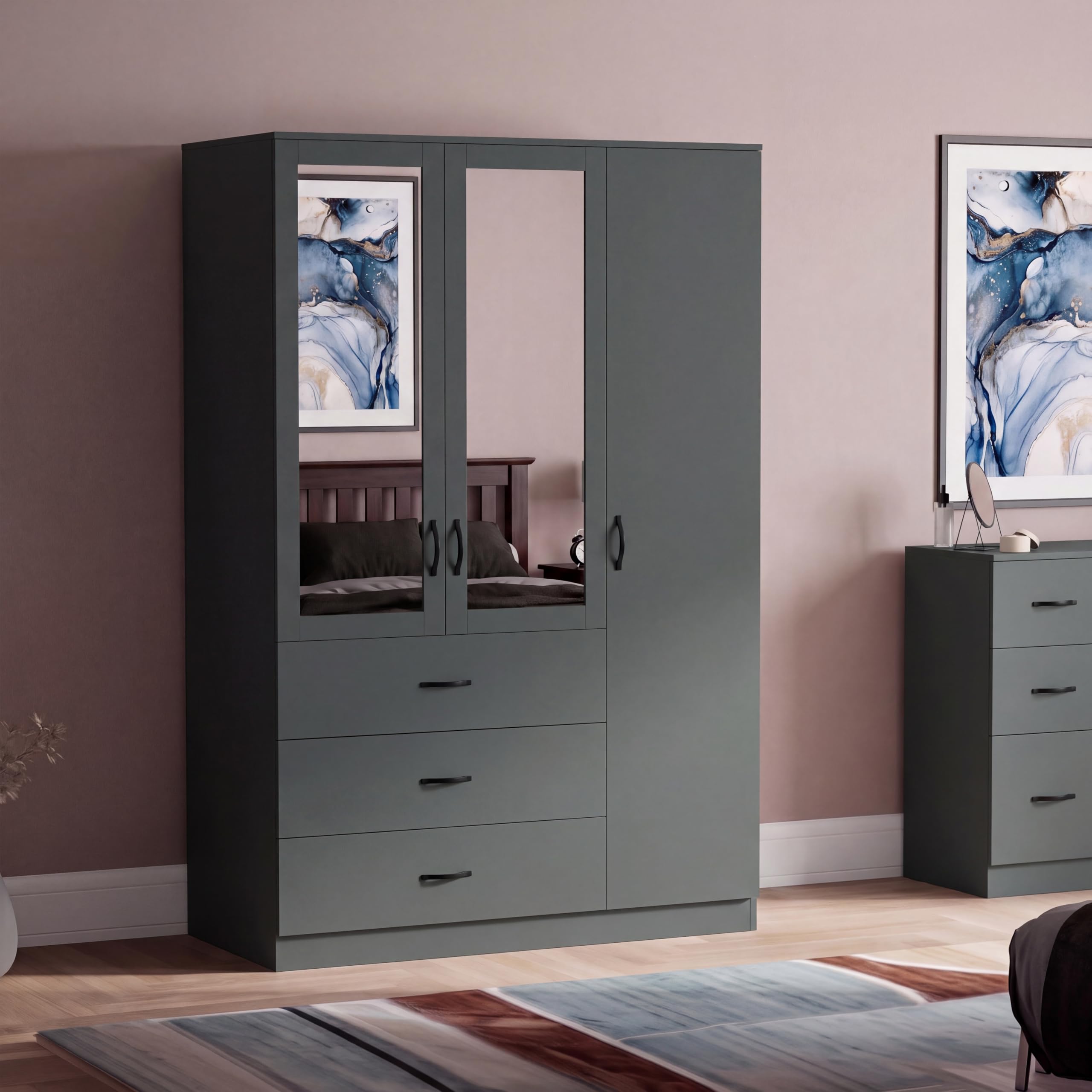 VIDA DESIGNS Riano 3 Door 3 Drawer Mirrored Wardrobe, Green