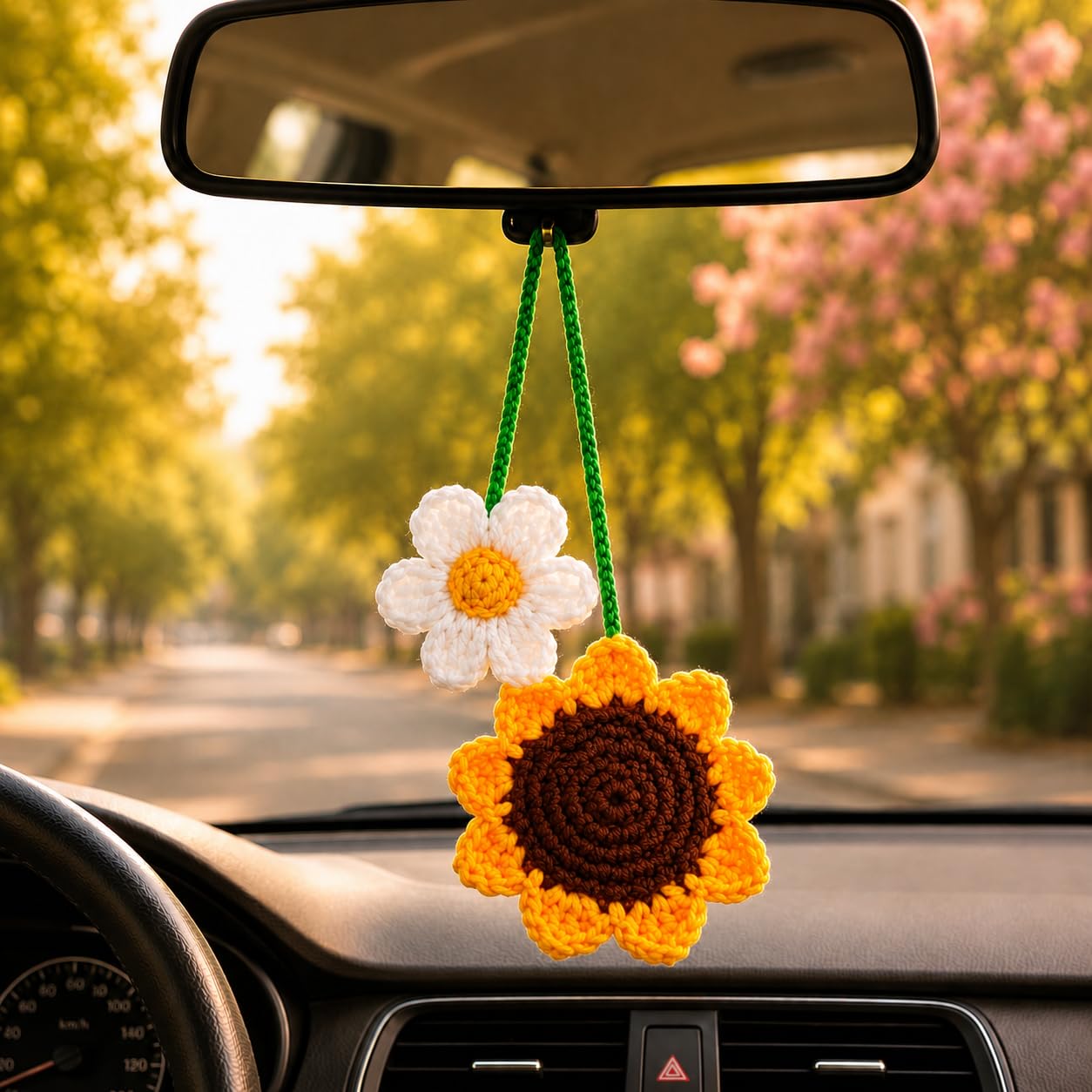 Otario Craft Handmade Car Hanging Crochet Flower for Rear View Mirror|Car Mirror Hanging Accessories Ornament|Crochet Flower for Car Dashboard Decoration Items |Sunflower for Decoration Wall (Pack-1)