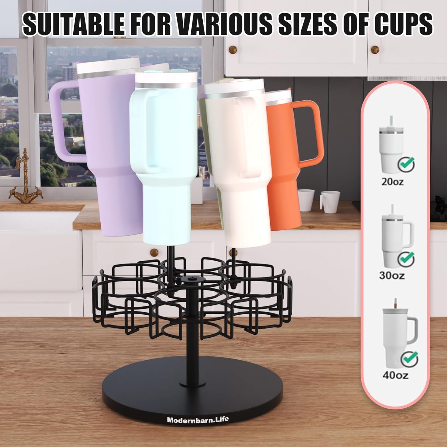 Water Bottle Organizer for Cabinet or Counter - Rotating Non-Slip Tumbler Organizer Holder for Stanley 40 Oz Cup with Handle - 2-In-1 Tumbler Display Storage Rack & Water Bottle Drying Rack - Black - Image 9