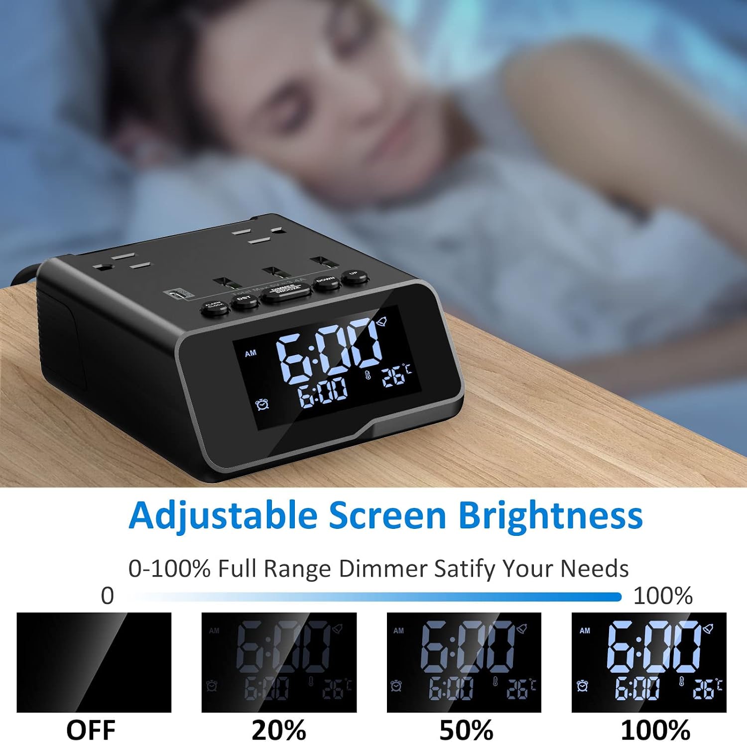 Electronic Alarm Clock with USB Charger Power Strip, 6FT Power Cord Alarm Clock Charging Station with 4 USB Ports and 2 Outlets for Bedside, Home, Hotel (Adjustable Brightness, ON/Off Switch)