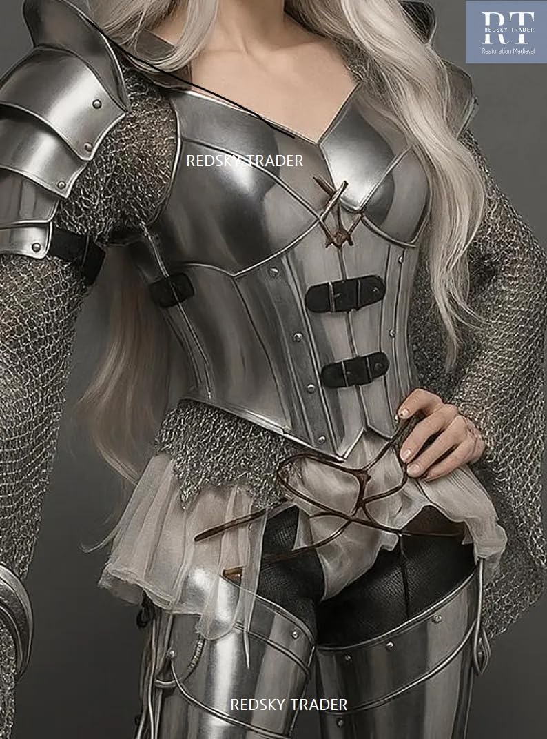 Medieval Steel Lady Armor Costume – LARP, Cosplay, Roleplay & Halloween with Breastplate, Pauldrons & Full Leg Armor for Women