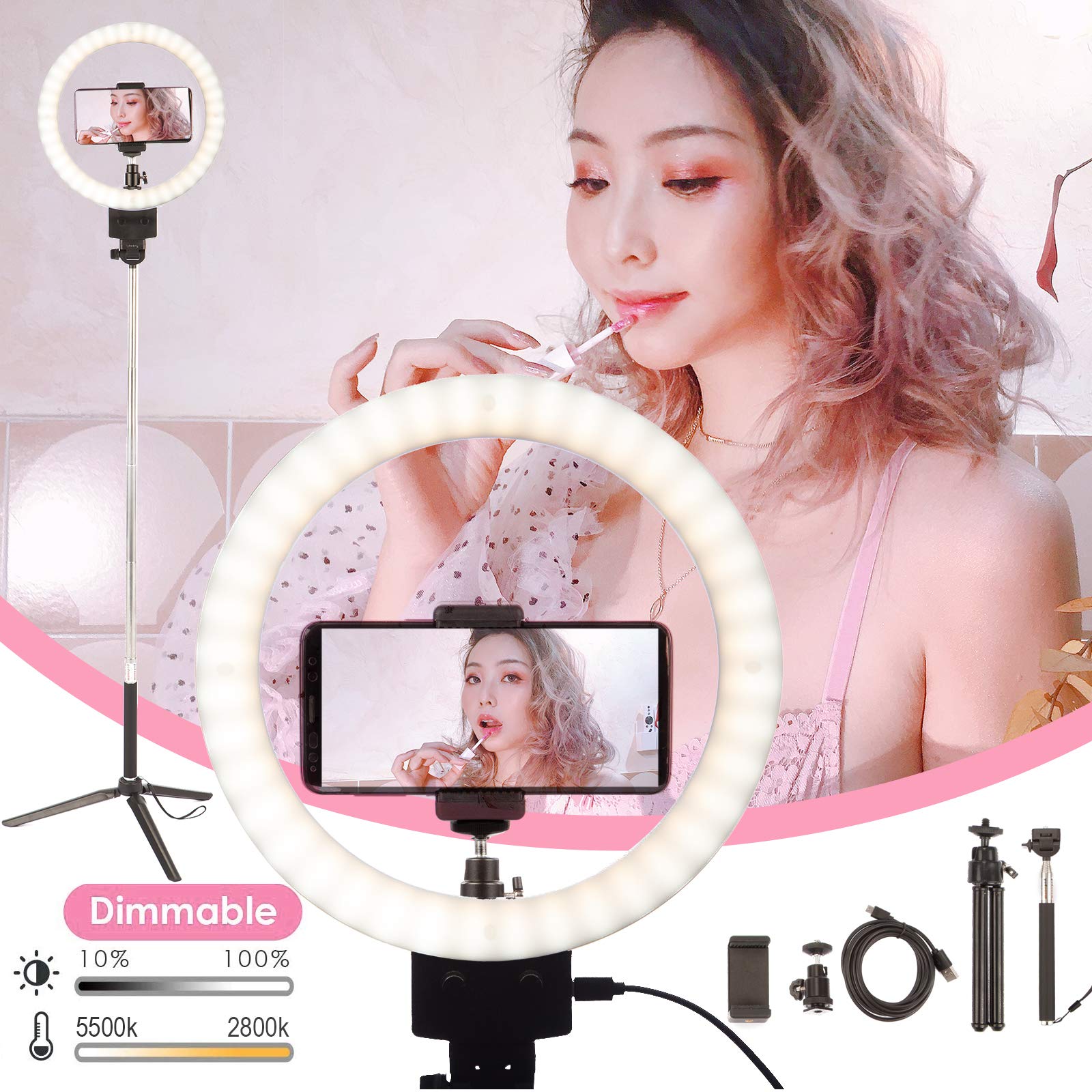 Kit Anneau Lumineux 22" : Trépied Pour IPhone IPad, Avec Trépied De 75,9 Cm/ écran LCD/4 Clips De Téléphone Tablette/2 Ports USB, Anneau Lumineux LED Pour Barbier, Maquillage, Tatouage, Enregistrement