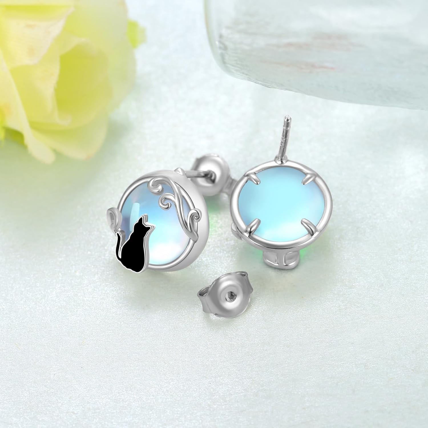 Black Cat Earrings 925 Sterling Silver Cat Earrings Moonstone Earrings Animal Stud Earrings For Women Jewelry Gift - Image 3