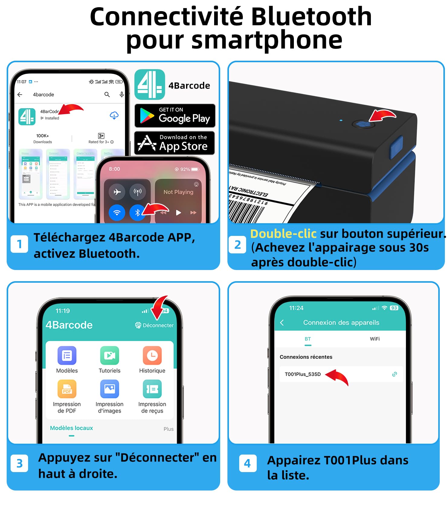 ORGSTA Imprimante thermique Bluetooth T001 Plus 4 x 6 Noir