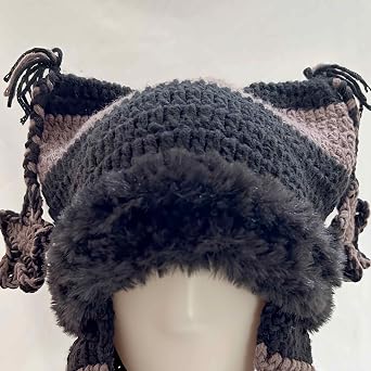 cat Ear Beanie y2k for Women, Crochet Emo Grunge Hats with Strings, Fall Goth Scene Hats Kawaii Accessories Black and Lavender