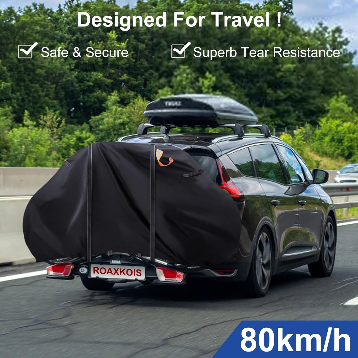 Bike Cover for Transport 2 Bikes - 600D Oxford fabric, PU coating, Waterproof & Heavy Duty, with 4m Reflective Webbing, Bicycle Rack Covers for Car Hitch Travel Storage