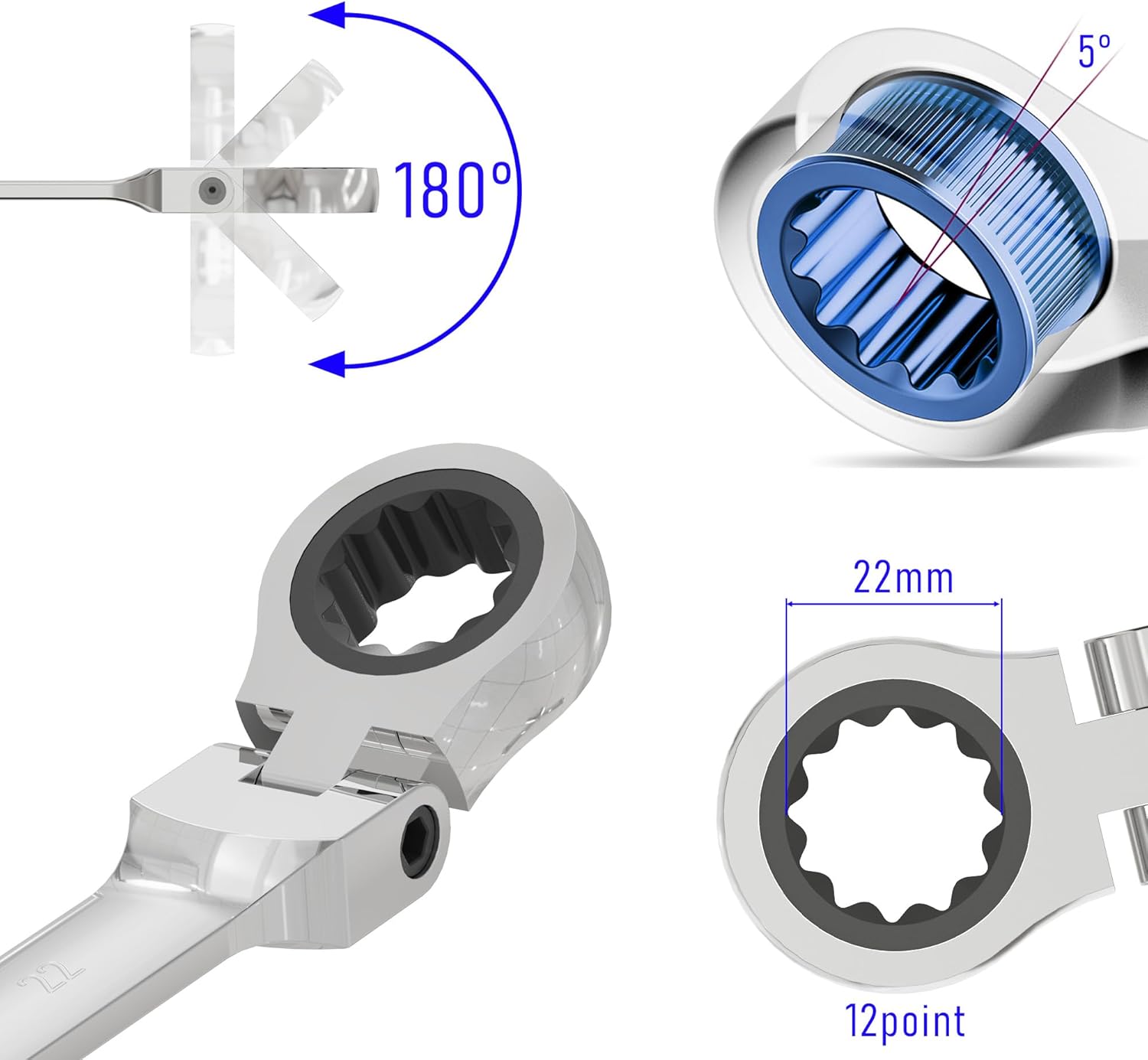 22mm Flex-Head Ratcheting Combination Wrench Metric 72 Teeth 12 Point Ratchet Box Ended and Open End Spanner Tools, Flexible Head Gear Wrench, Heat-Treated CR-V
