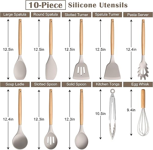 Miniatura 4 de E-far Juego de utensilios de cocina de silicona, 10 piezas resistentes al calor con mango de madera para utensilios de cocina antiadherentes,
