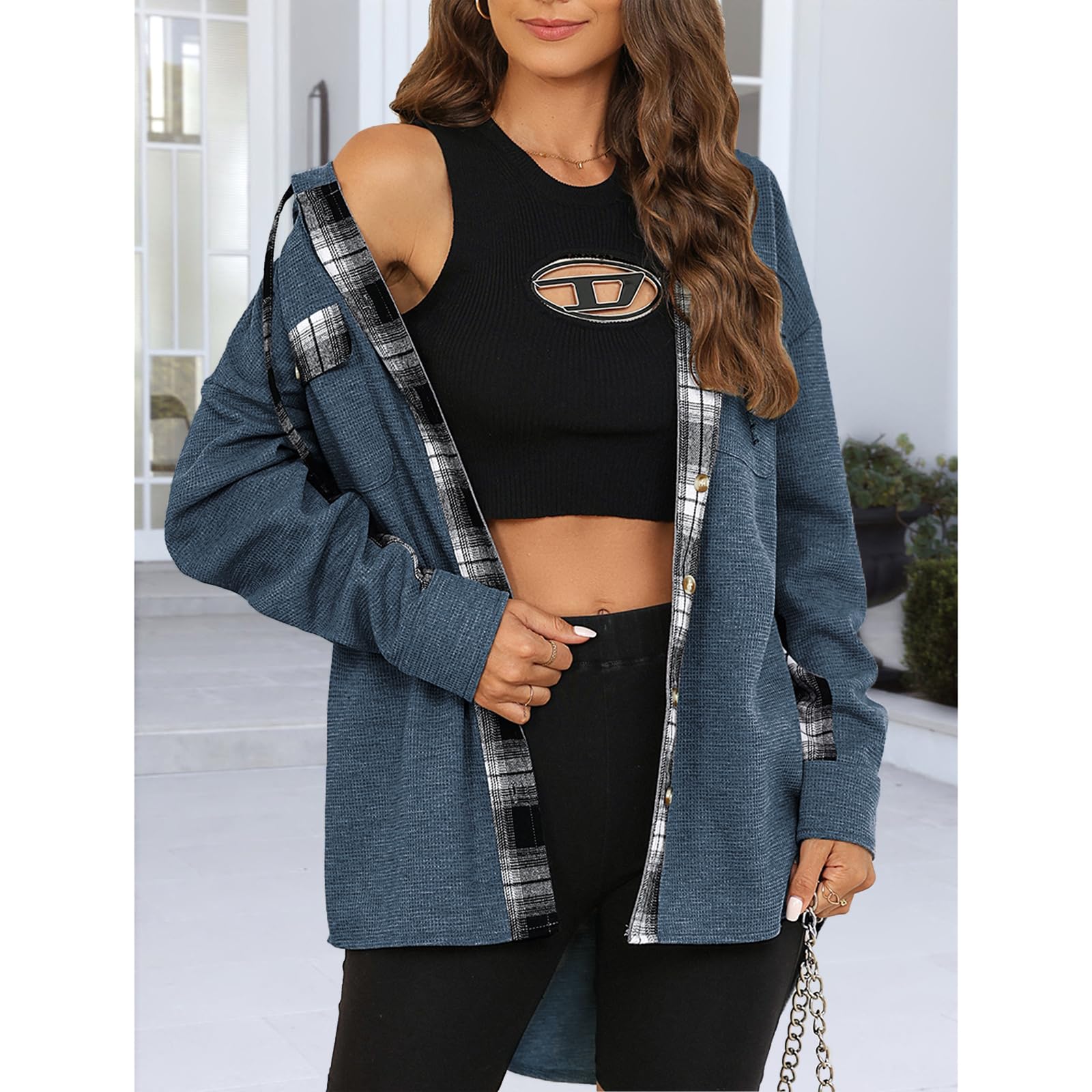 YNIQUE Chemise à Carreaux Femme Chemise Longues Classique Blouses Boutonnées Col en V Hoodie Manche Longue Automne Hiver Top Blouse Chic et élégant