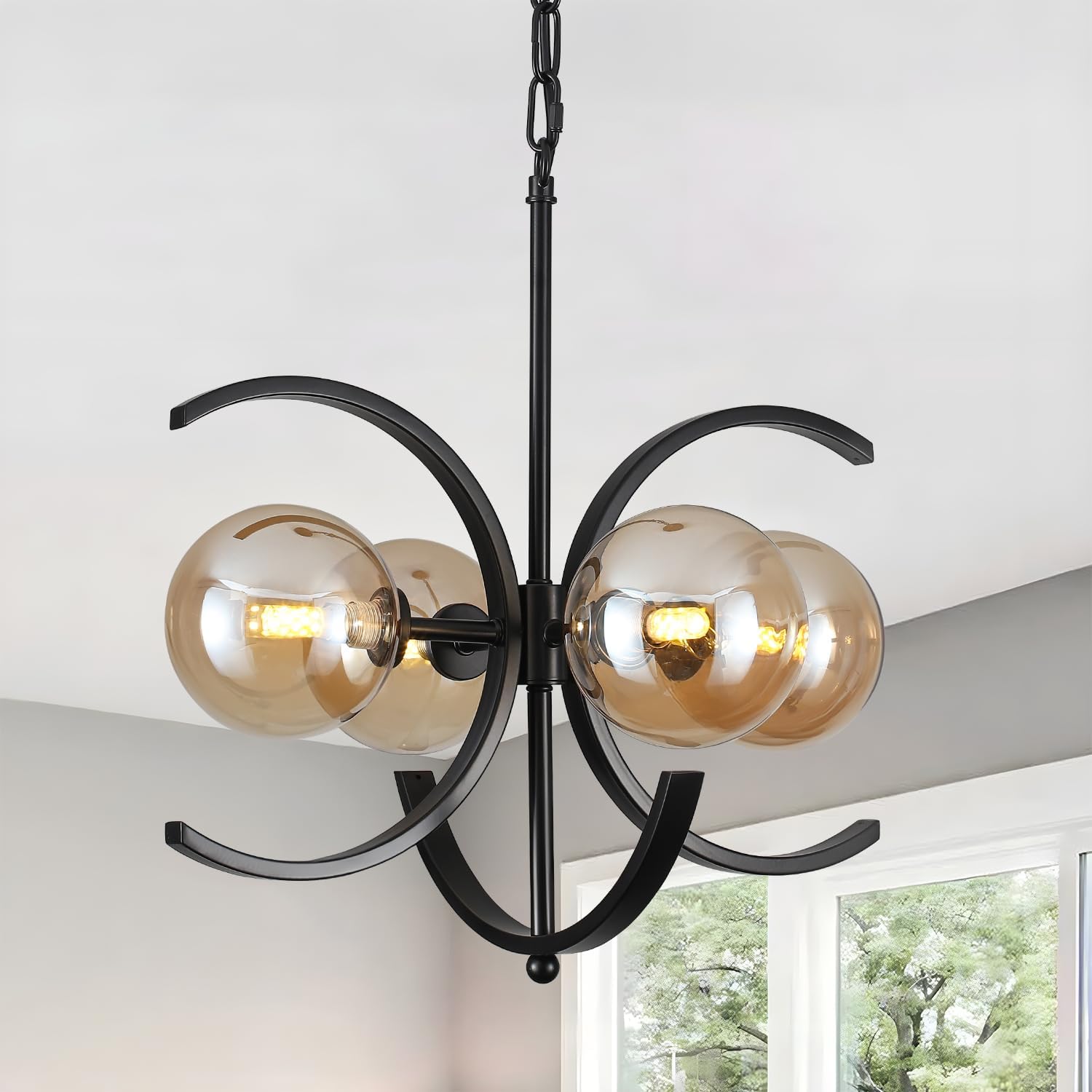 16.1" Modern Sputnik Chandelier,4-Light Black Chandelier with Glass Globe Shades,Mid Century Industrial Chandeliers Dining Room Light Fixtures,Farmhouse Chandeliers for Foyer (Amber Glass)