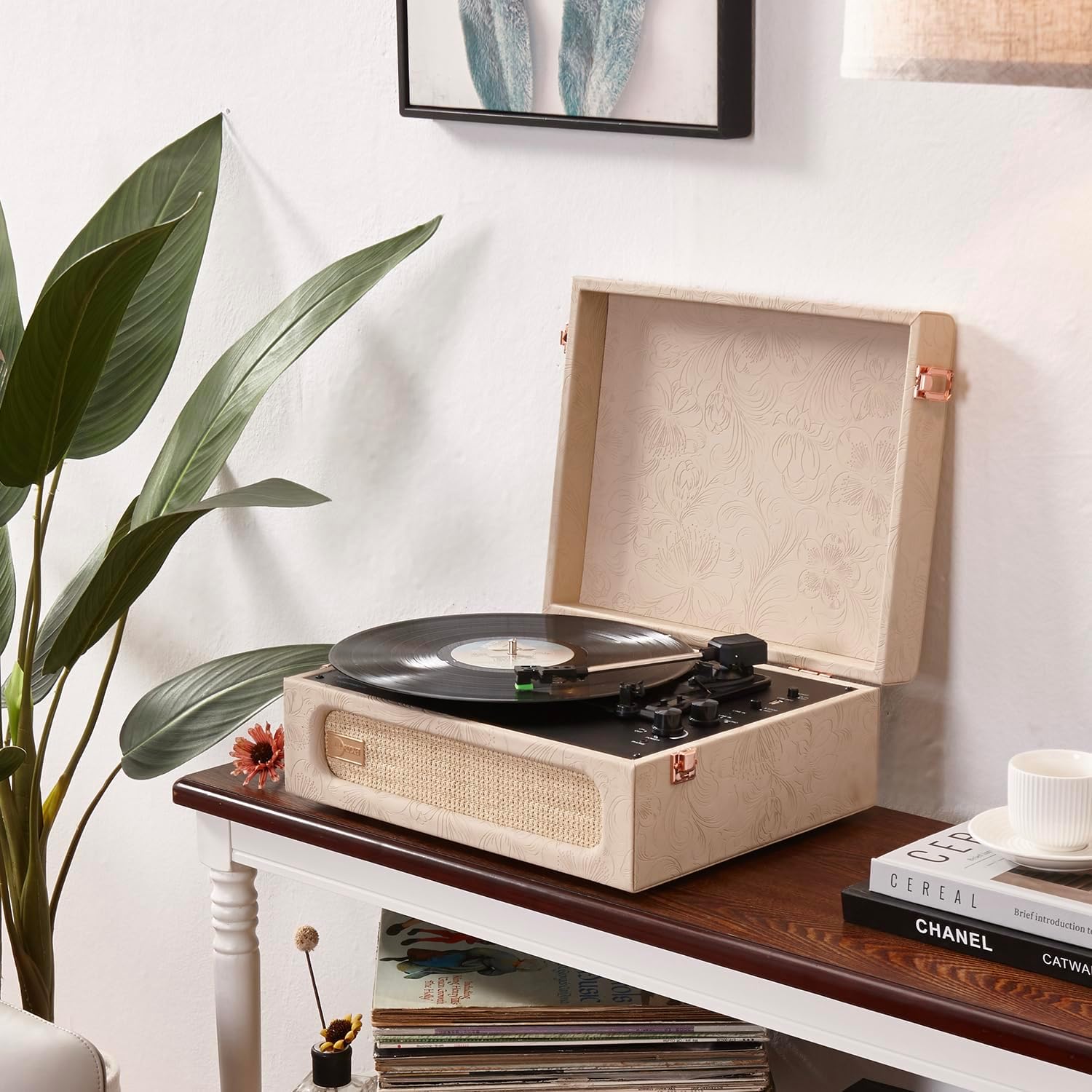 arkrocket coryphaeus vinyl record player 3-speed bluetooth input and output built-in speakers with magnetic cartridge auto off (flora engraved)