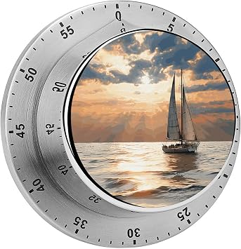 Sailing Boat on The Sea Timer 55-Minute Manual Countdown Timers Circular Magnetic Kitchen Timer Visual Mechanical Loud Alarm Timers for Home Study Cooking Task Reminder