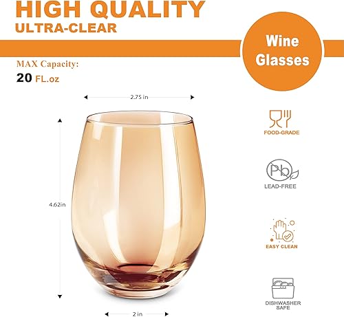 Miniatura 2 de LUXU Copas de vino sin tallo de ámbar (juego de 4) de 20 onzas, vasos de vino de colores para beber jugo, vasos de vino de vidrio multiusos, vasos