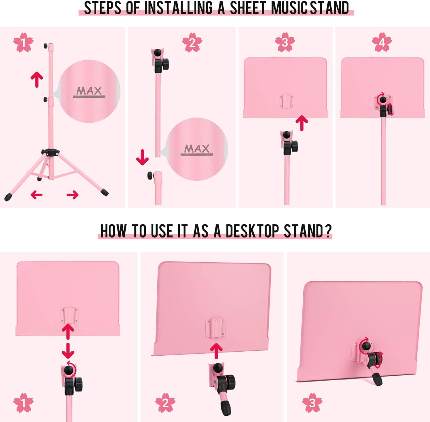 CAHAYA Sheet Music Stand & Tabletop Music Stand Solid Back with Carrying Bag for Books Notes Laptop Tablet Pink CY0194