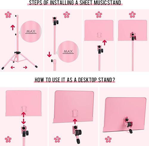 Miniatura 4 de CAHAYA Soporte de partituras y soporte de música de mesa con respaldo sólido con bolsa de transporte para libros, notas, portátil, tableta, rosa,