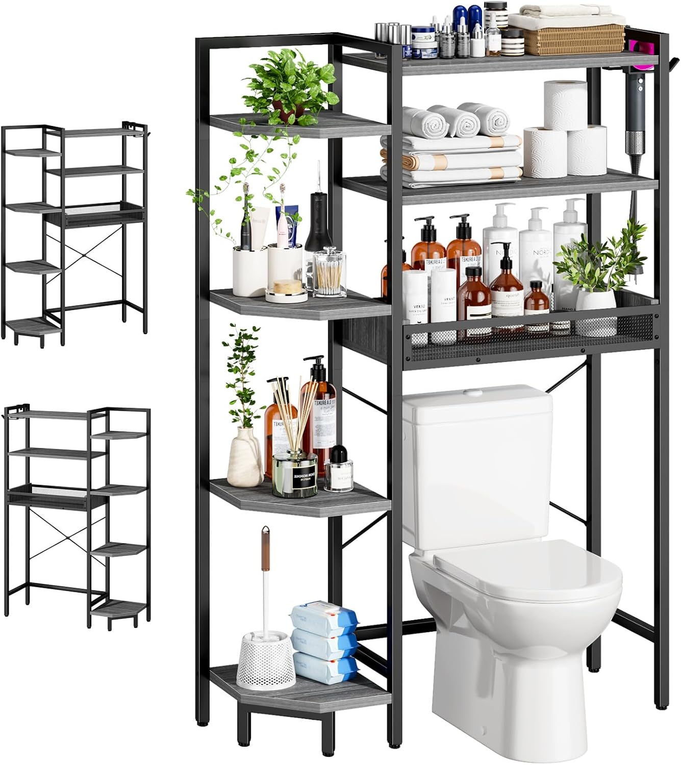 K1 Heavy Duty 7-Tier Over The Toilet Storage（with Basket and Paper Hook） Freestanding Above Toilet Shelf with Adjustable Feet，Space Saver Bathroom Shelves 9.3" D x 33.5" W x 63.8" H，Grey