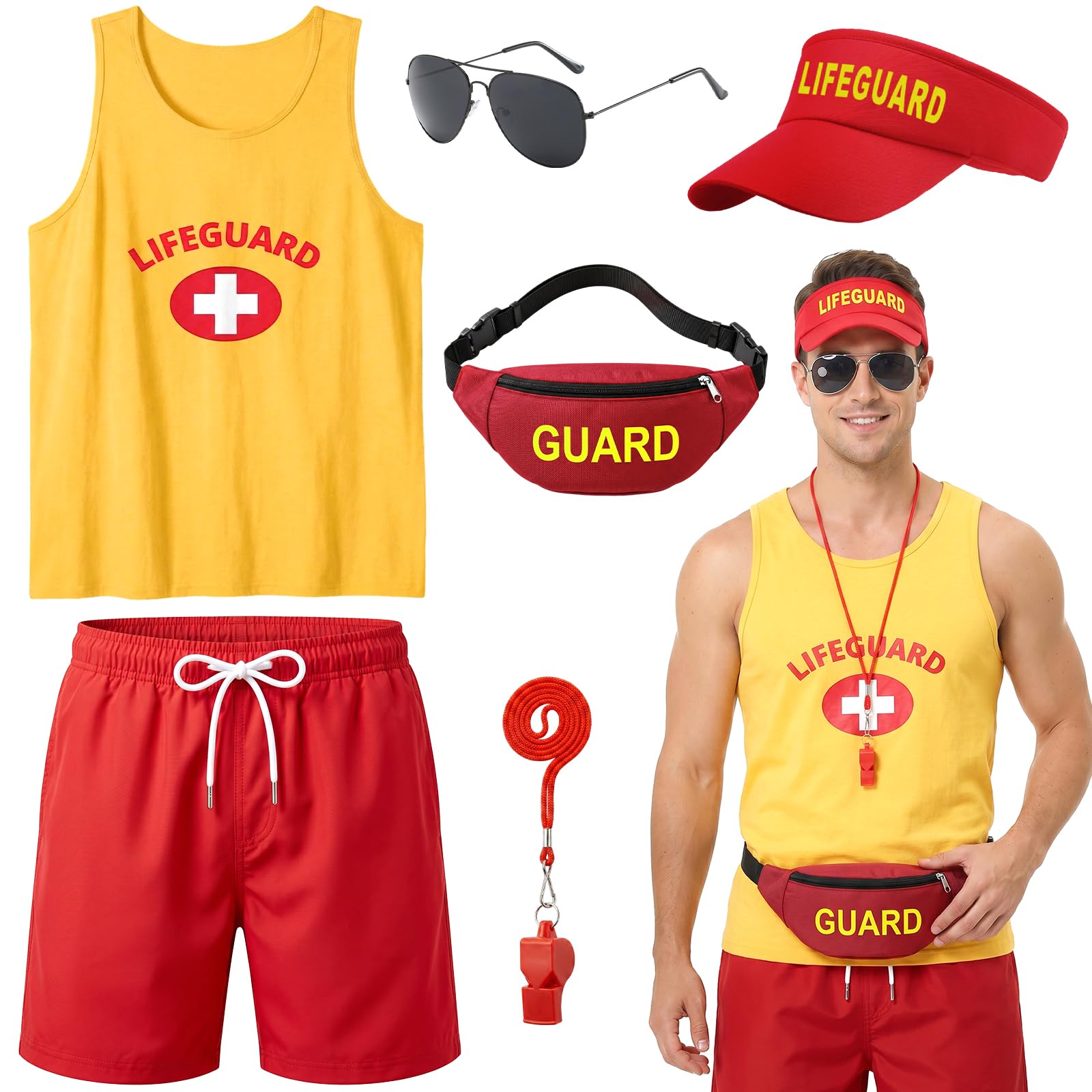 Dazzroi 6pcs Lifeguard Costume Set, Guard Accessories Kit with Yellow Vest Hat Waist Bag Sunglasses Whistle Beach Patrol Fancy Dress Outfit for Adults Pool Party Halloween Cosplay Festival Events