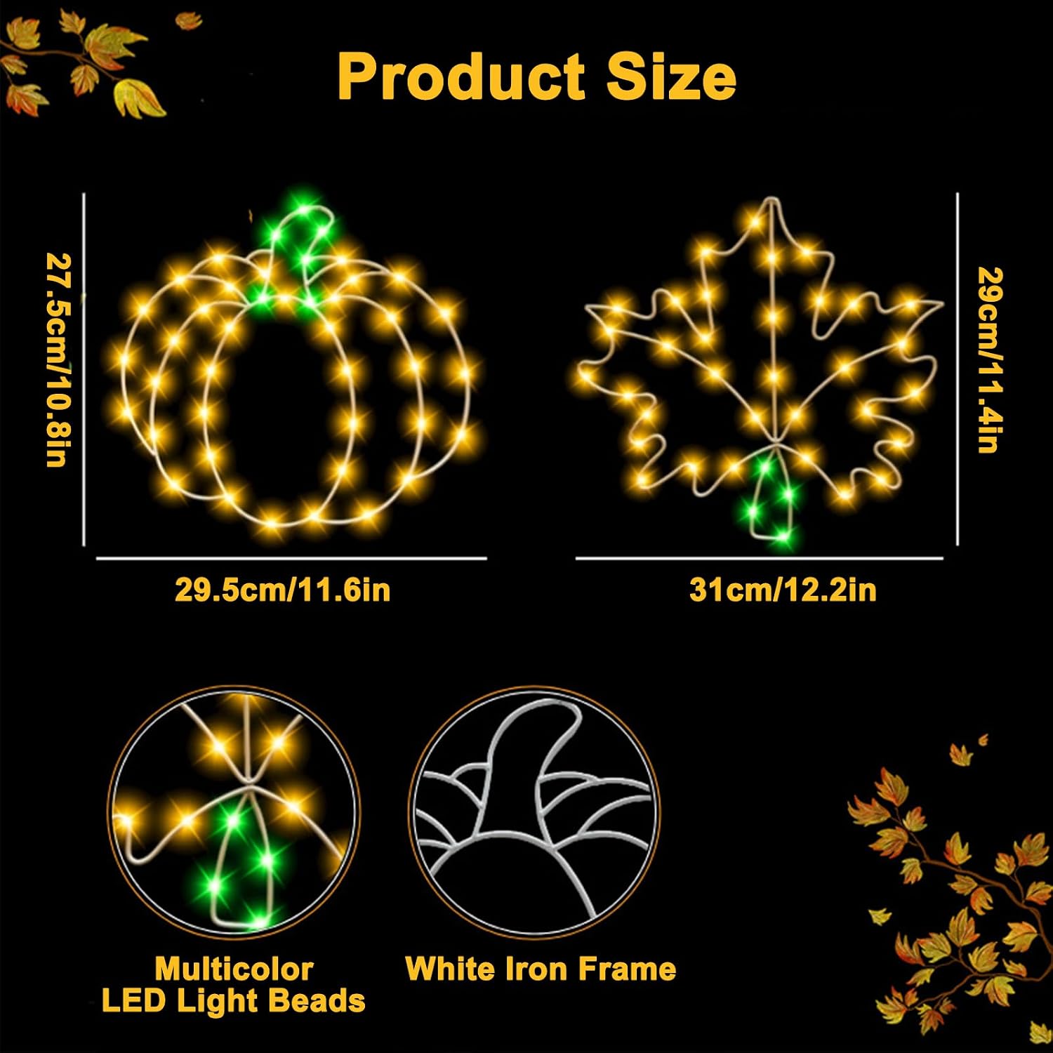 2 Pack Thanksgiving Decorations Lights, Maple Leaf Window Lights with Suction Cups, Metal Frame Decorative Light with Battery & Auto Timer, Fall Harvest Decor for Home (Yellow Pumpkin)
