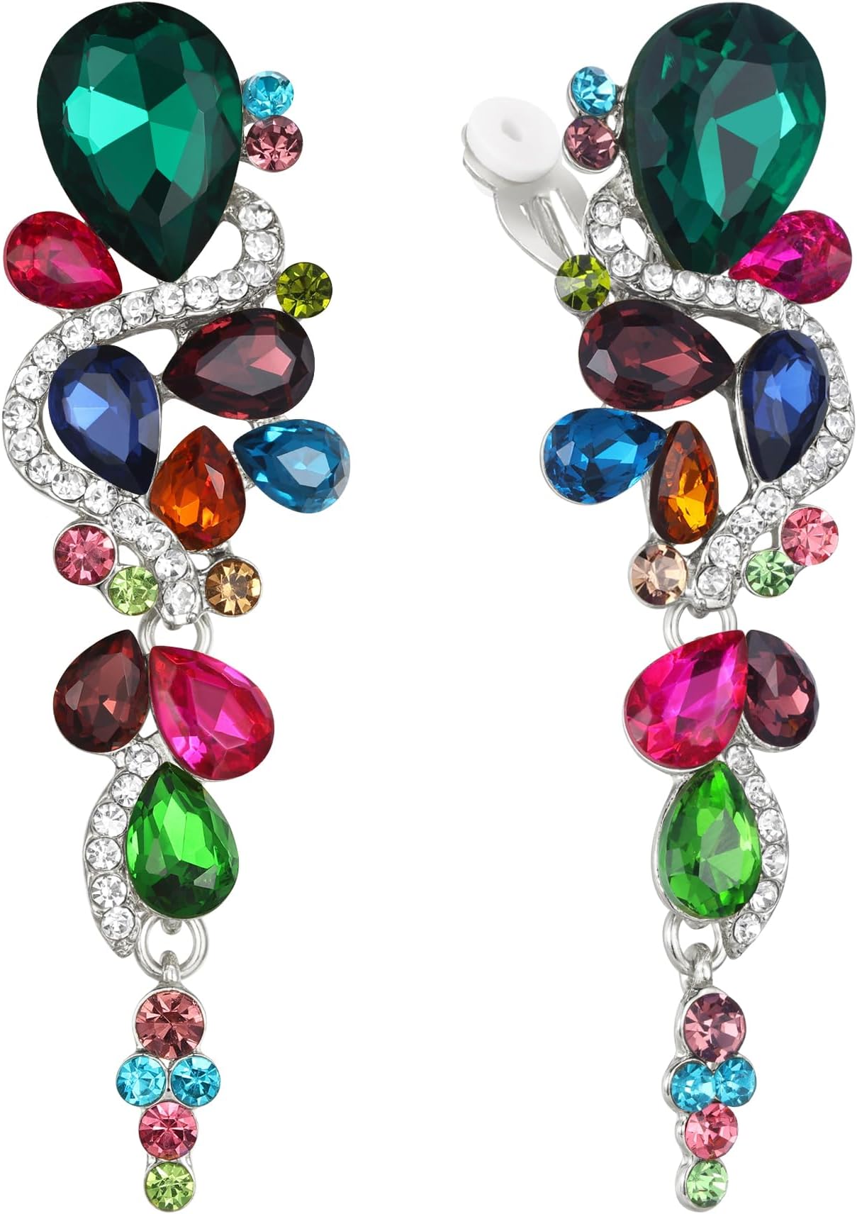 Bohemian Teardrop Cluster Crystal Diamante Clip-On Long Drop Dangle Chandelier Earrings, Statement Earrings for Costume, Wedding Bridal Jewellery for Brides