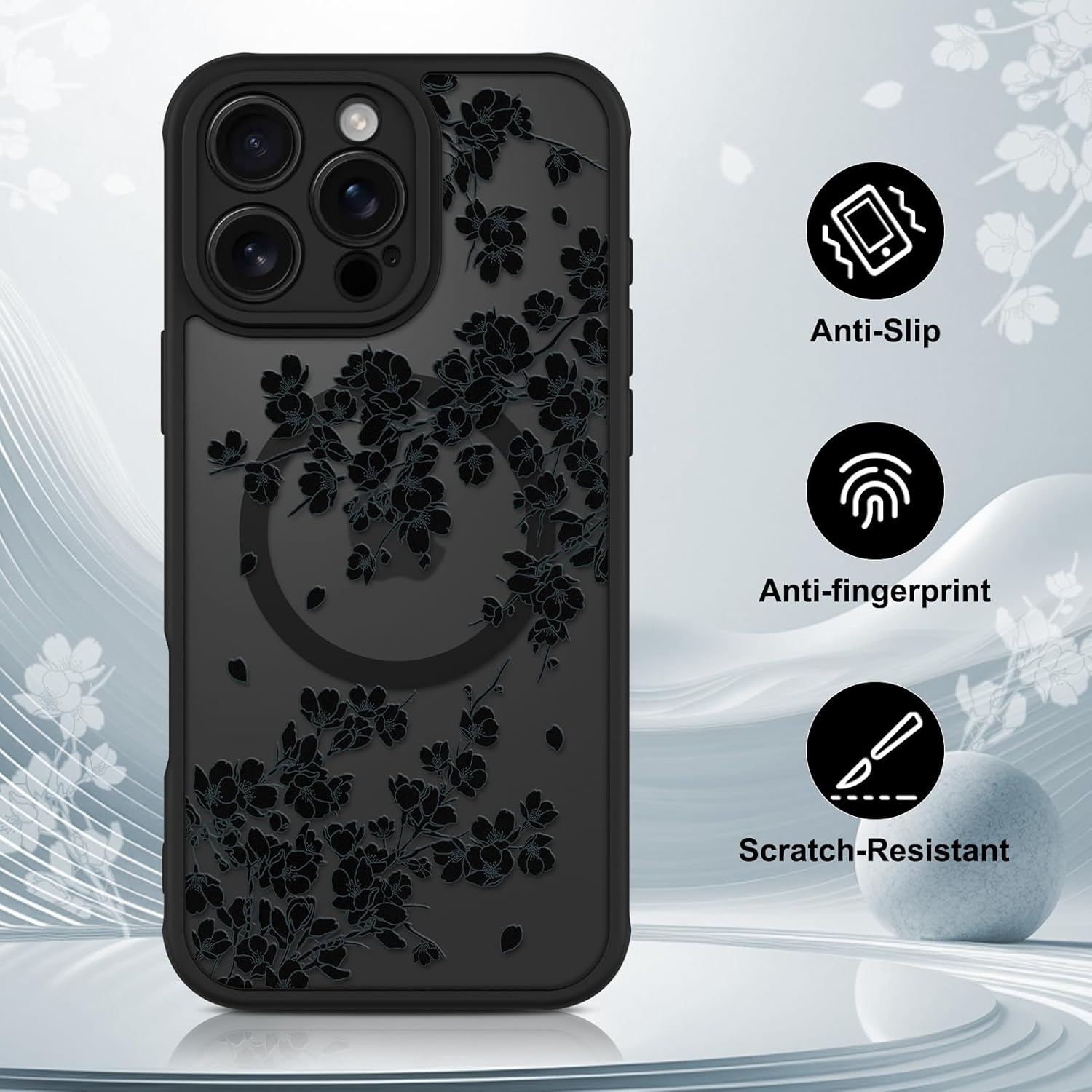 OOK Case for iPhone 16 Pro Max 6.9 Inch (Compatible with MagSafe) Floral Flowers Design Translucent Phone Cover Soft TPU + Hard PC Anti-Scratch Shockproof Magnetic Cute Case for Women - Black - Image 5
