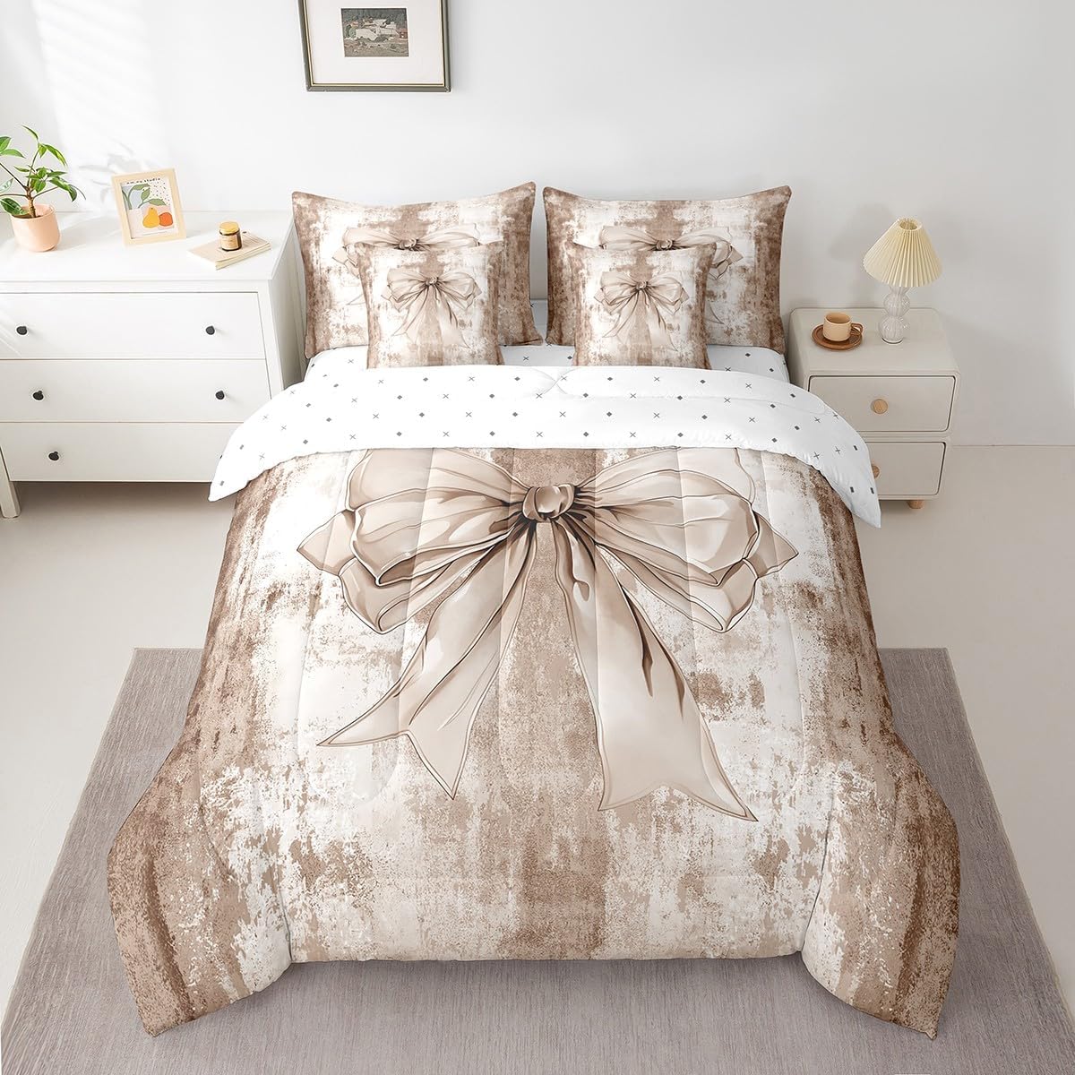 Erosebridal Rustic Farmhouse Comforter Set Twin Size,Oil Painting Style Bow Tie Bedding Set for Kids Teens,Fantasy (Comforter+Fitted+Flat Sheet+2 Pillowcases+2 Throw Pillow Covers) 7 Pieces Bed Set