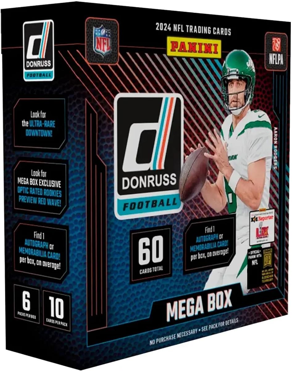 2024-25 Panini Donruss Football Mega Box – Tarjetas coleccionables de la NFL, exclusivas para minoristas, 60 tarjetas, novatos calificados, autógrafos o tarjetas de recuerdos