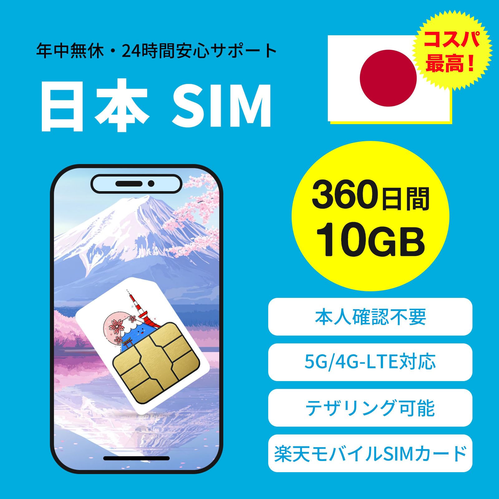 【純正 RAKUTEN SIM】 360日間 10GB 大容量 日本 プリペイド SIM 5G 4G-LTE対応 データ専用 契約不要 Rakuten sim Japan Prepaid SIM (360日間・10GB)