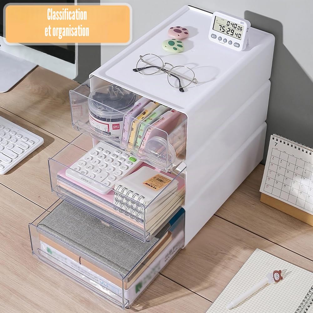 Lot de 2 boîtes de rangement pour bureau format A4, organisateur de bureau en plastique avec tiroirs empilables, boîte de rangement avec tiroir pour fournitures de bureau et autres