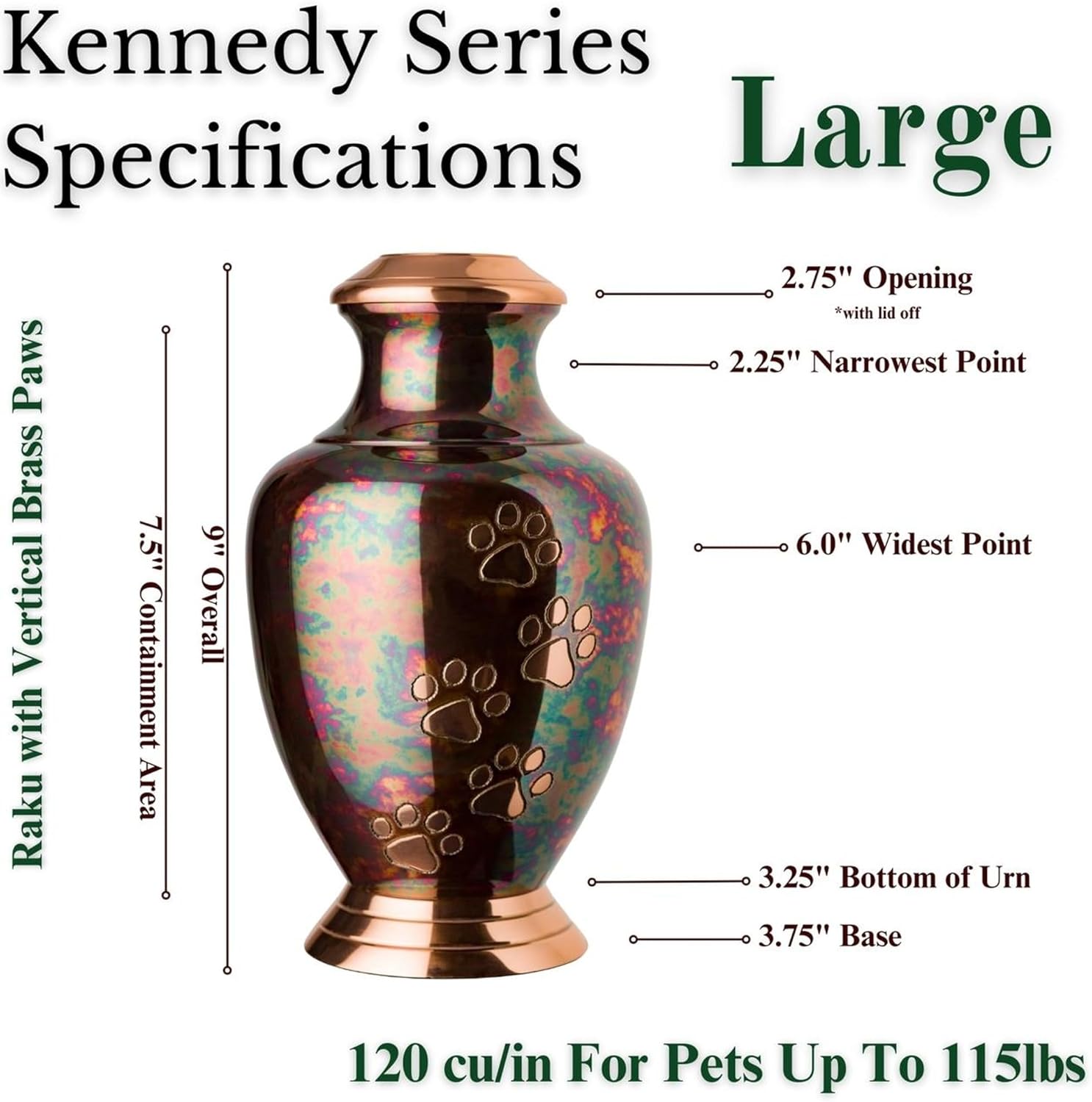 Kennedy Paws Series Pet Urn for Dogs, Handmade Brass Memorial Cremation Urn (Large - Pets up to 115 lbs, Raku)