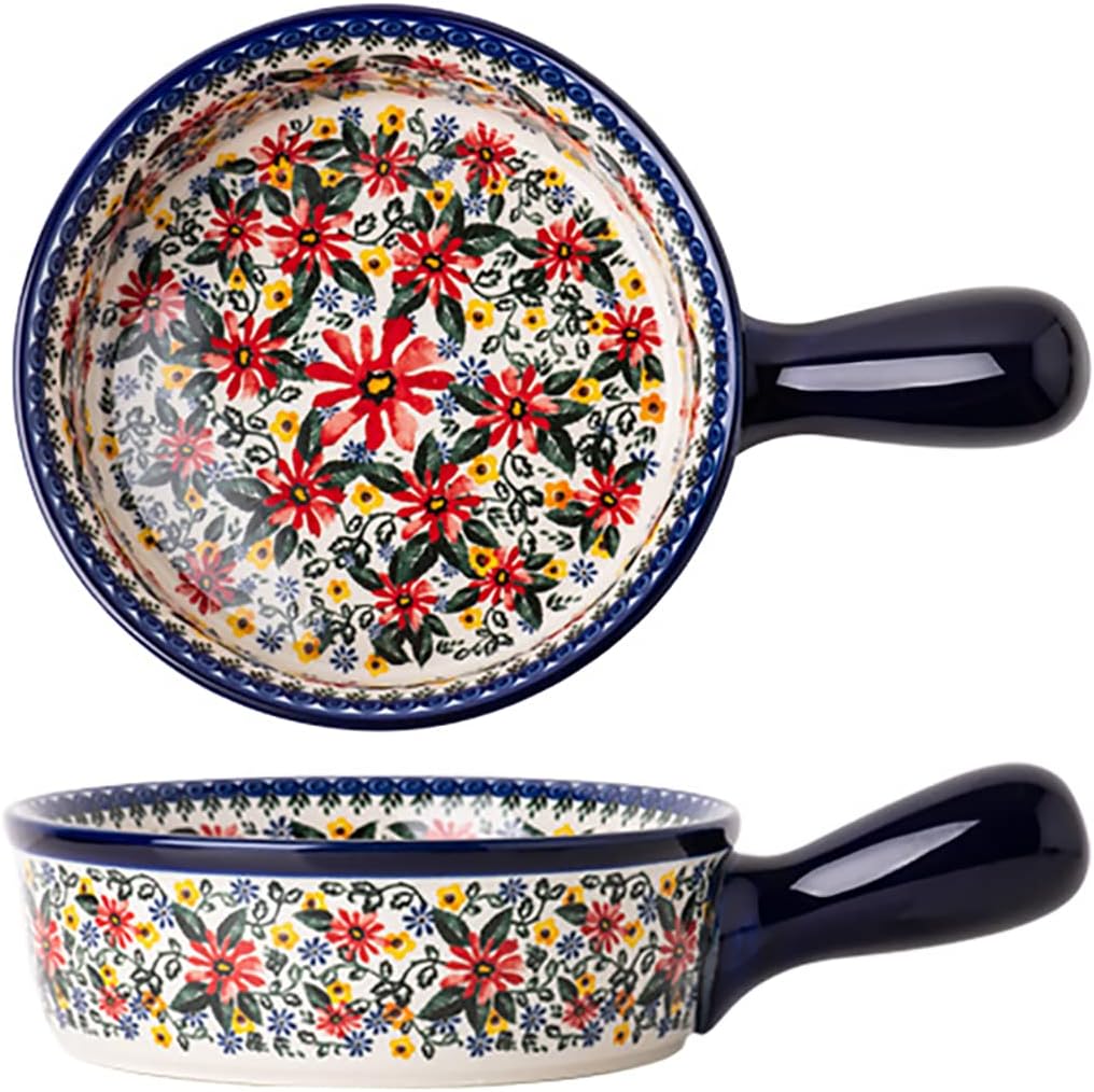 Red Daisy Flower Vintage Style Ceramic Bakeware Casserole Dish Baking Pan Lasagna Pans Baking Dish with Handles for Oven/Cooking/Kitchen-1 PCS-20 OZ