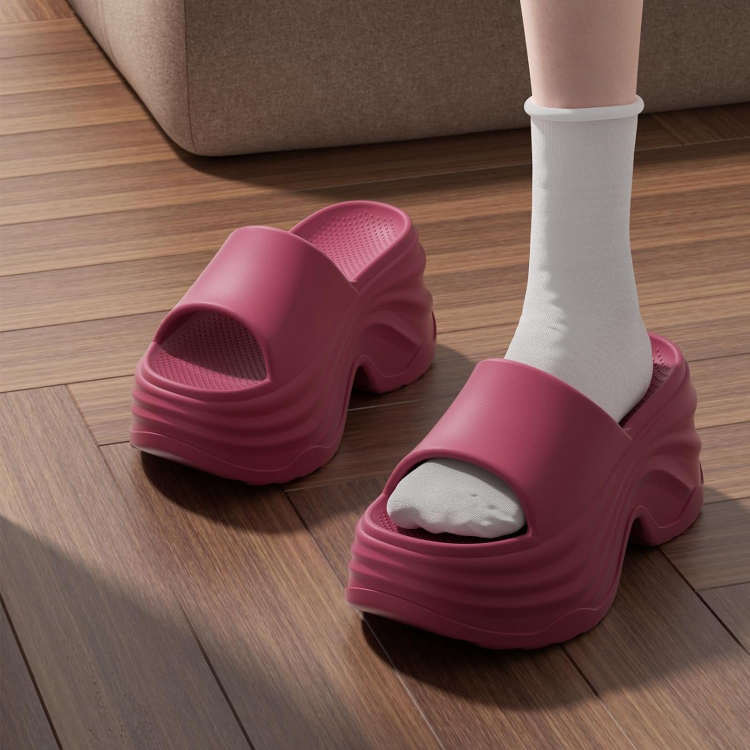 Women Round Open Toe Platform Cloud Slides Sandals Comfortable Home Soft Non-Slip Slip On Bathroom Shower Slippers Casual Summer Vacation Lightweight Cushion Beach Walking Sandals