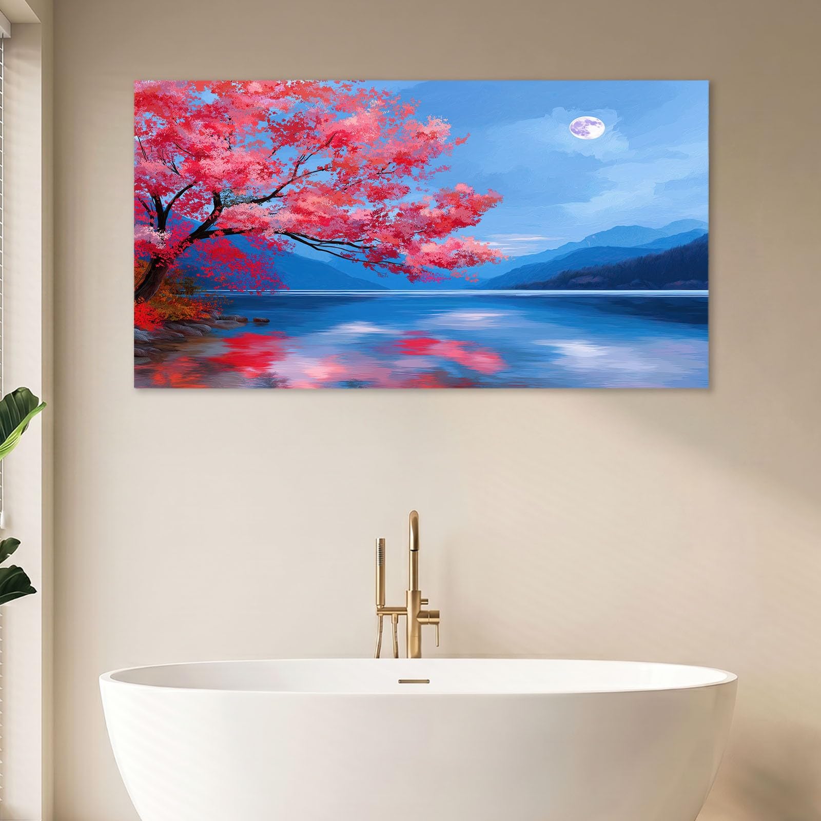 Obraz na płótnie w stylu anime 140 x 70 cm niebieskie drzewo kwiat jezioro krajobraz - obraz na płótnie na drewnianej ramie i dekoracja do salonu i sypialni