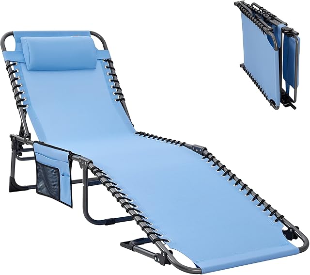 #WEJOY Textilene Sun Lounger Reclining Lounger 4-Position Adjustable Comfy and Durable Lounge Chair with Pillow and Side Pocket Portable Sun Bed for Camping Beach Garden Patio Pool Indoor Outdoor