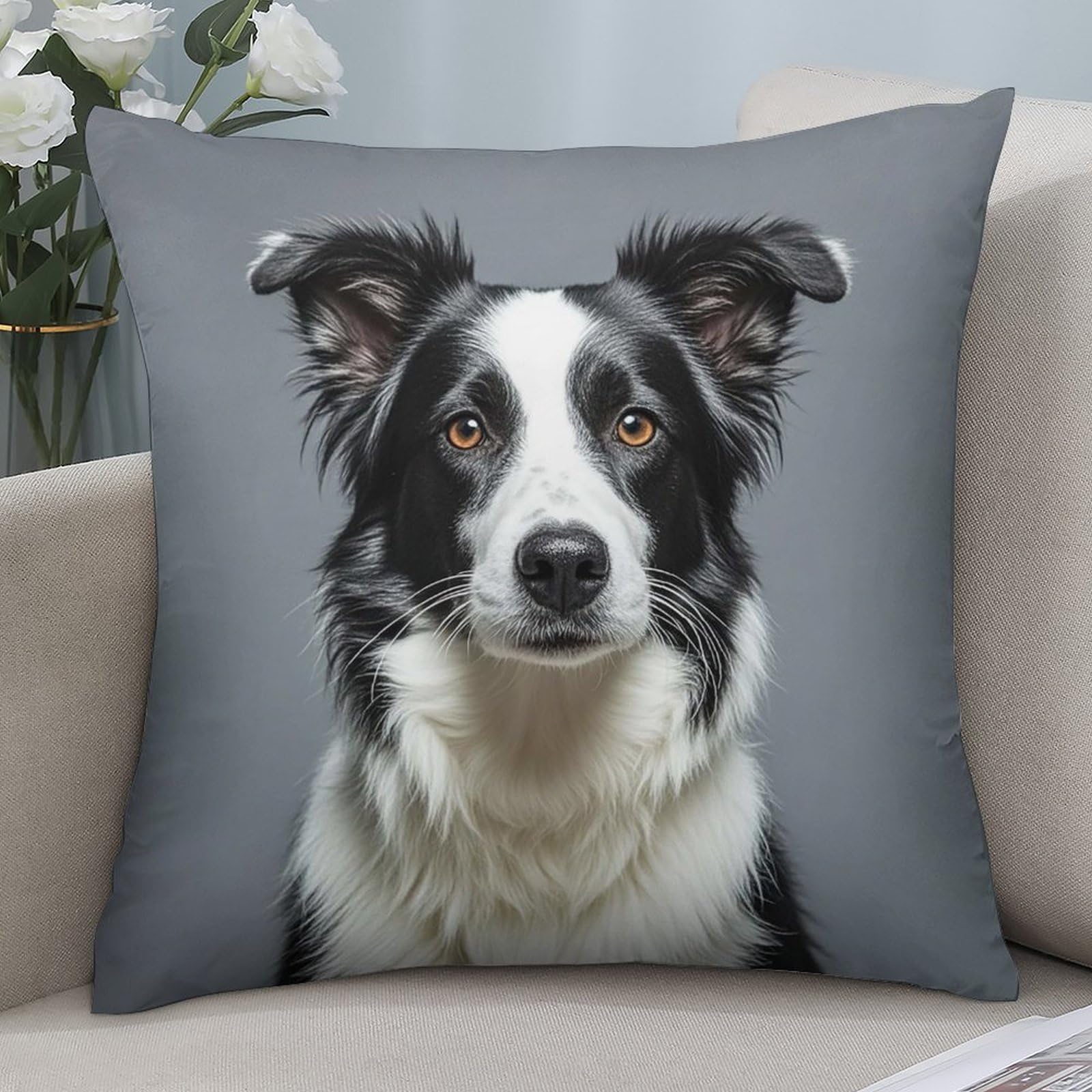 EKYOSHCZ 2 Packs Decorative Throw Pillow Covers 16"x16" Square Pillowcase Covers Border Collie Modern Farmhouse Soft Cushion Cover for Couch Bed Living Room Home Decor Pillow Case