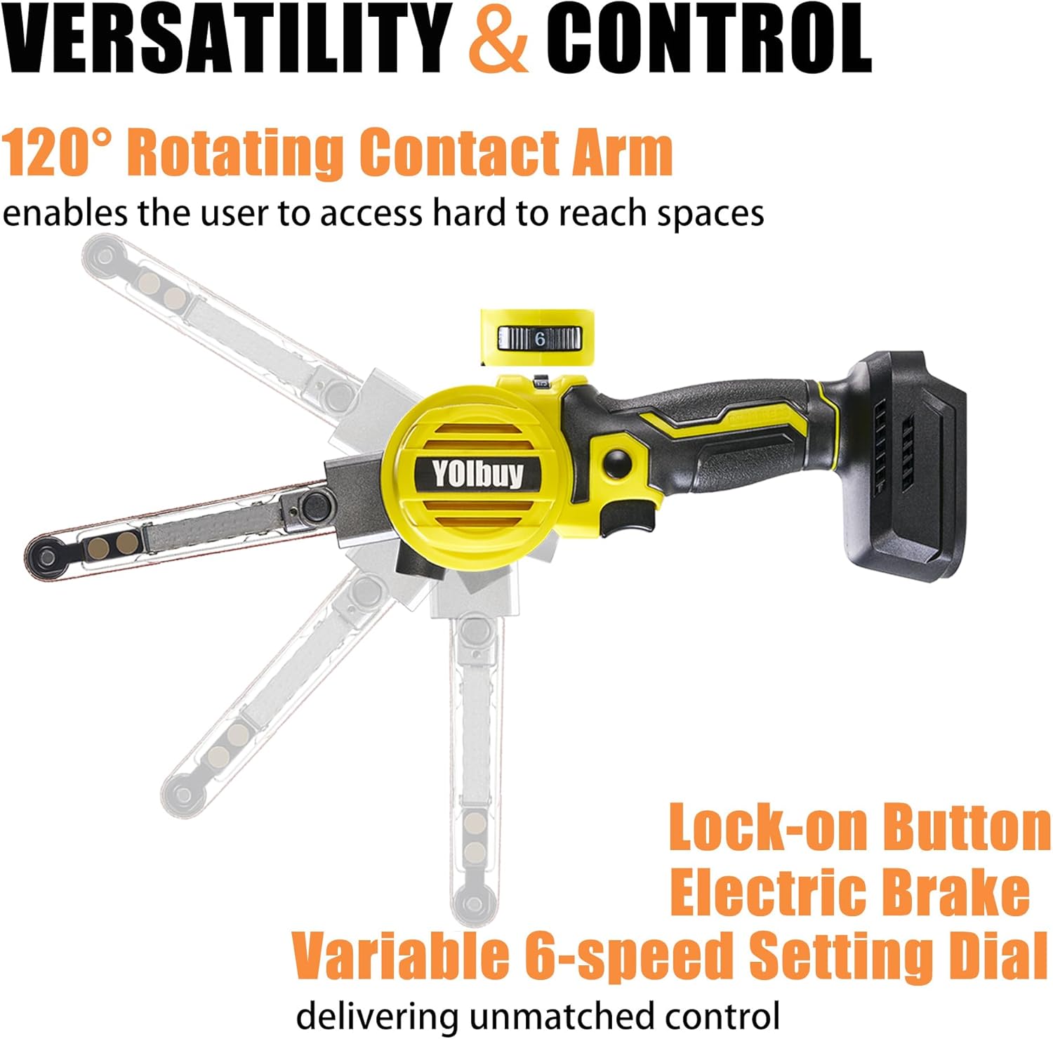 YOIbuy Cordless Belt Sander Compatible with DeWalt 20V Battery, 6 Variable Speed,120° Adjustable, High speed 5,600 Ft/Min, Quick Belts Change, Power Sander for Woodworking,Paint,Metal Rust (Tool Only)