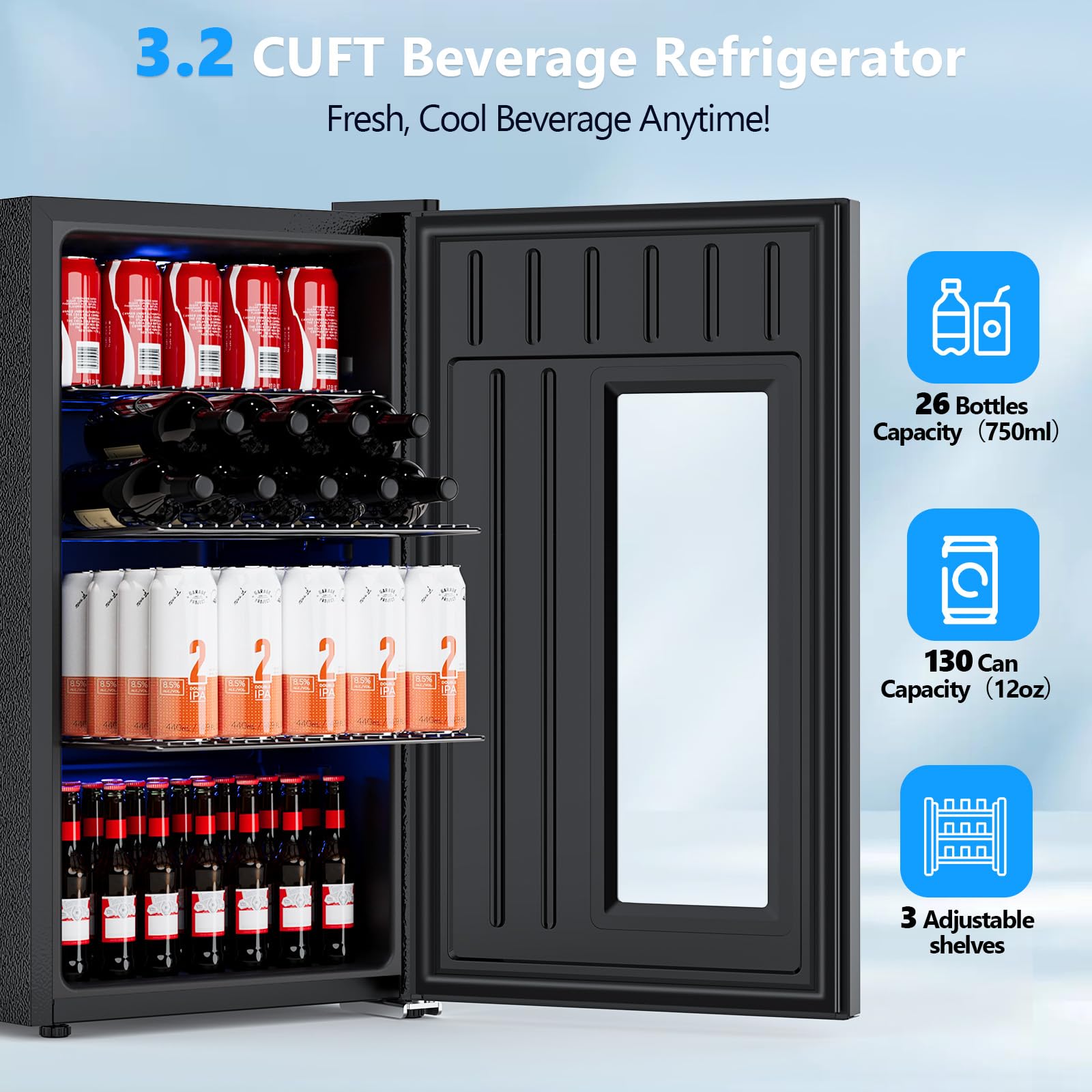 Electactic Beer Cooler 3.2 Cuft, 130 Can Beverage Refrigerator With Adjustable Shelves, Accurate Temperature 20°F-50°F Even Cooling For Home Bar, Game Day, Mancave, Black on Fridge.com - View 2