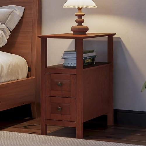 Miniatura 7 de ChooChoo Mesas auxiliares para sala de estar, juego de 2, mesita de noche estrecha de 3 niveles con 2 cajones, mesitas de noche delgadas para sala