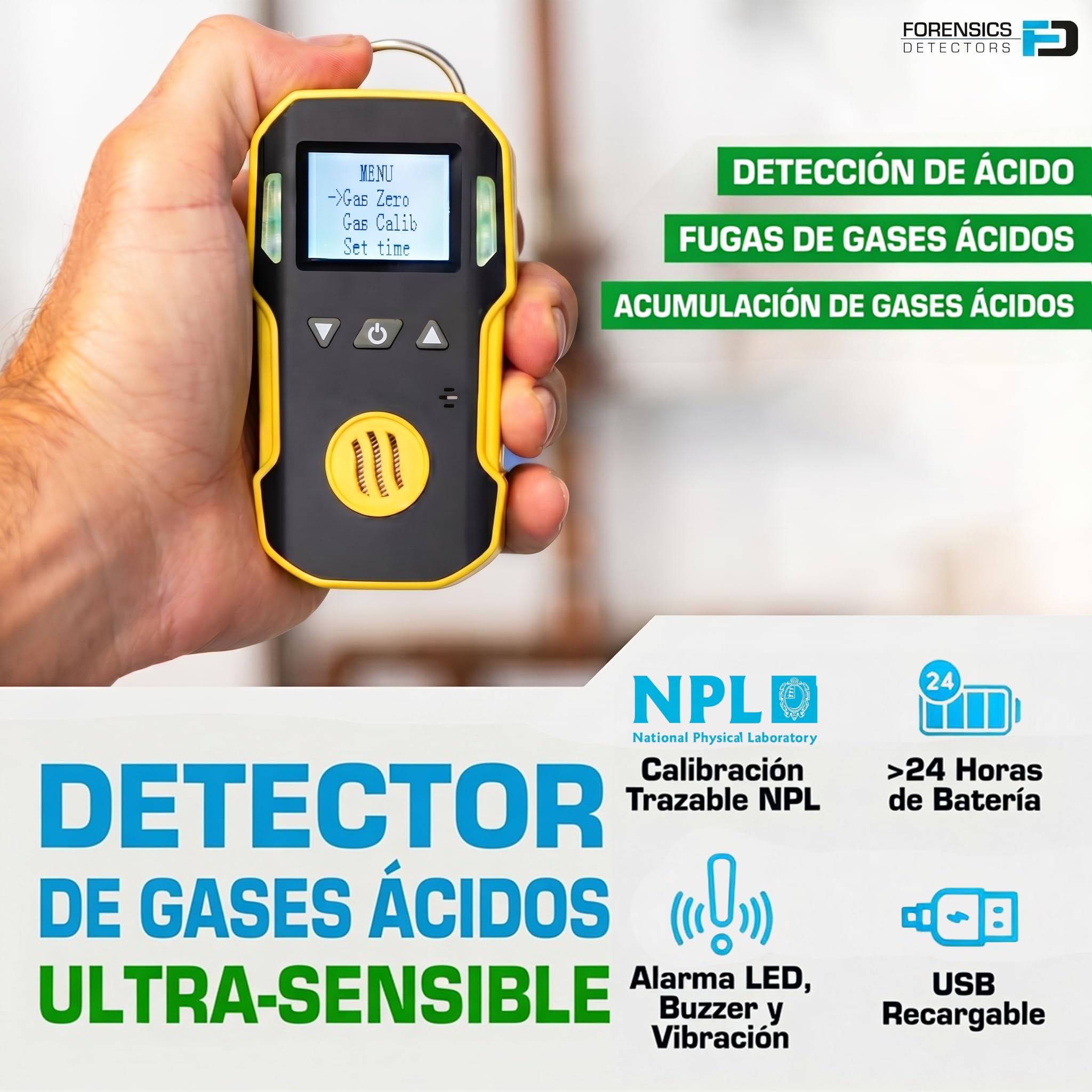 Detector de Gases Ácidos | Certificado de Calibración EU | Recarga USB | Alarmas Sonoras, Luminosas y por Vibración | 0–10 ppm