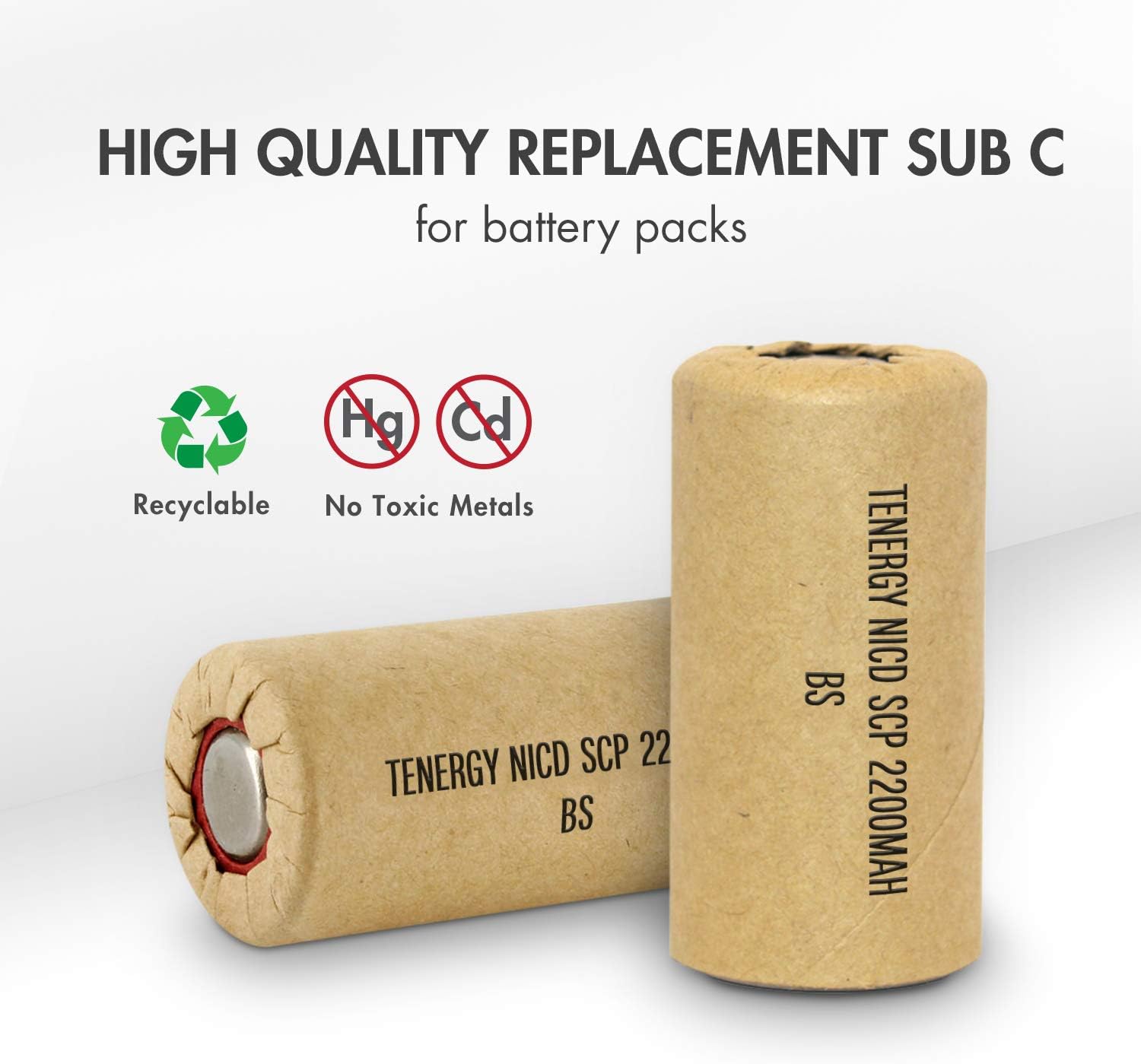 Tenergy NiCd SubC 2200mAh Paper Wrapped Rechargeable Battery Flat Top - 120 Pack