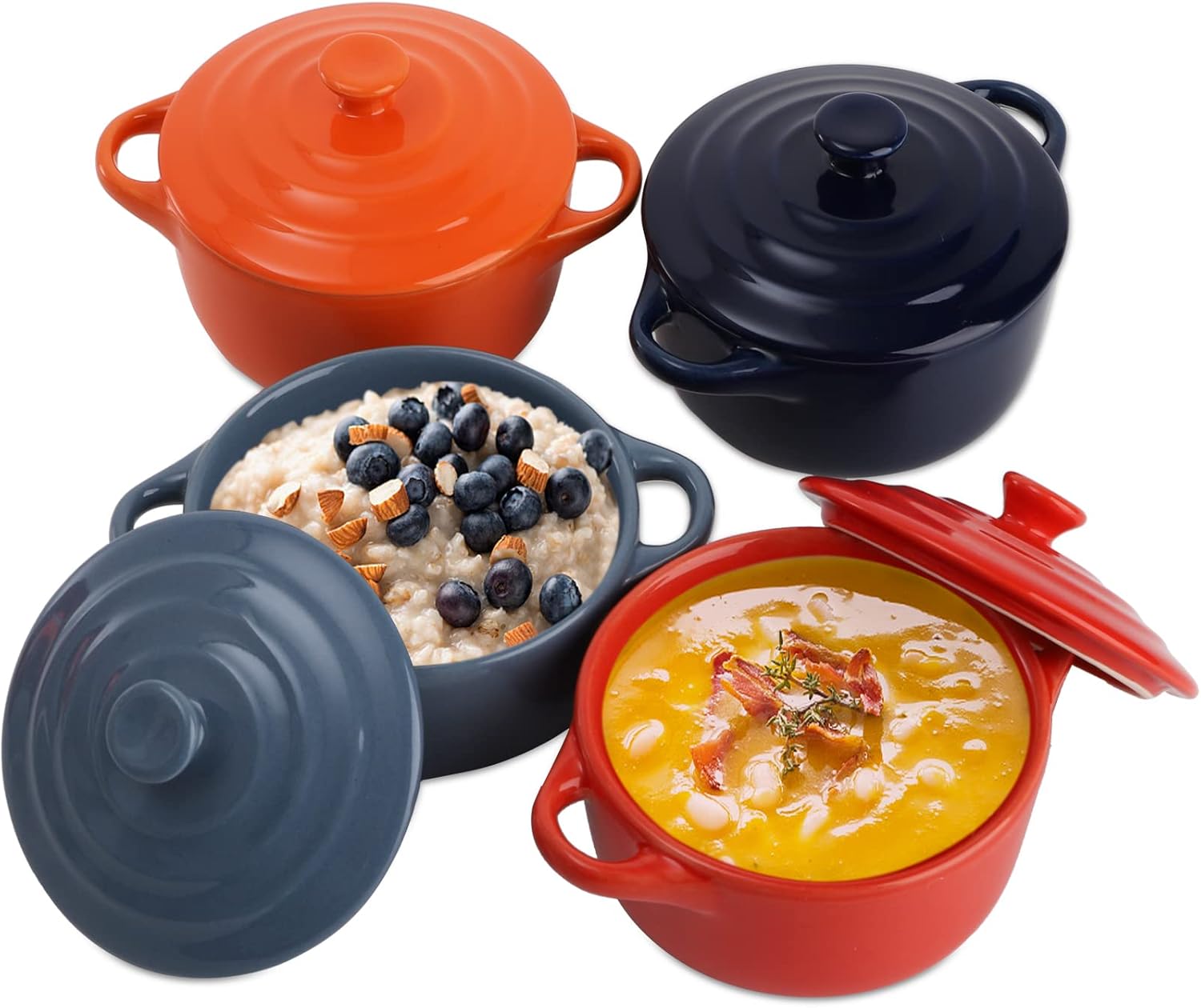 Jucoan 4 Pack Porcelain Ramekin with Lids and Handles Oven Safe, 8 oz Round Ramekins Souffle Creme Brulee Baking Dish, Pudding Custard Dish, Individual Servings Mini Casserole Dishes, 4 Colors