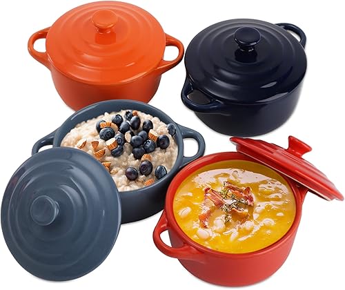 Jucoan Paquete de 4 moldes de porcelana con tapa, platos redondos de 8 onzas para creme brulee, mini cacerola para hornear, apto para horno, 4