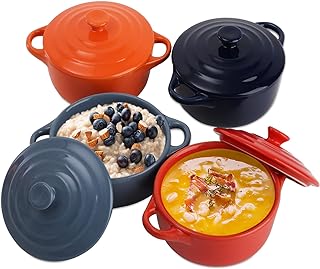 Jucoan 4 Pack Porcelain Ramekin with Lids and Handles Oven Safe, 8 oz Ro...