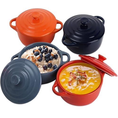 Jucoan 4 Pack Porcelain Ramekin with Lids and Handles Oven Safe, 8 oz Round Ramekins Souffle Creme Brulee Baking Dish, Pudding Custard Dish, Individual Servings Mini Casserole Dishes, 4 Colors
