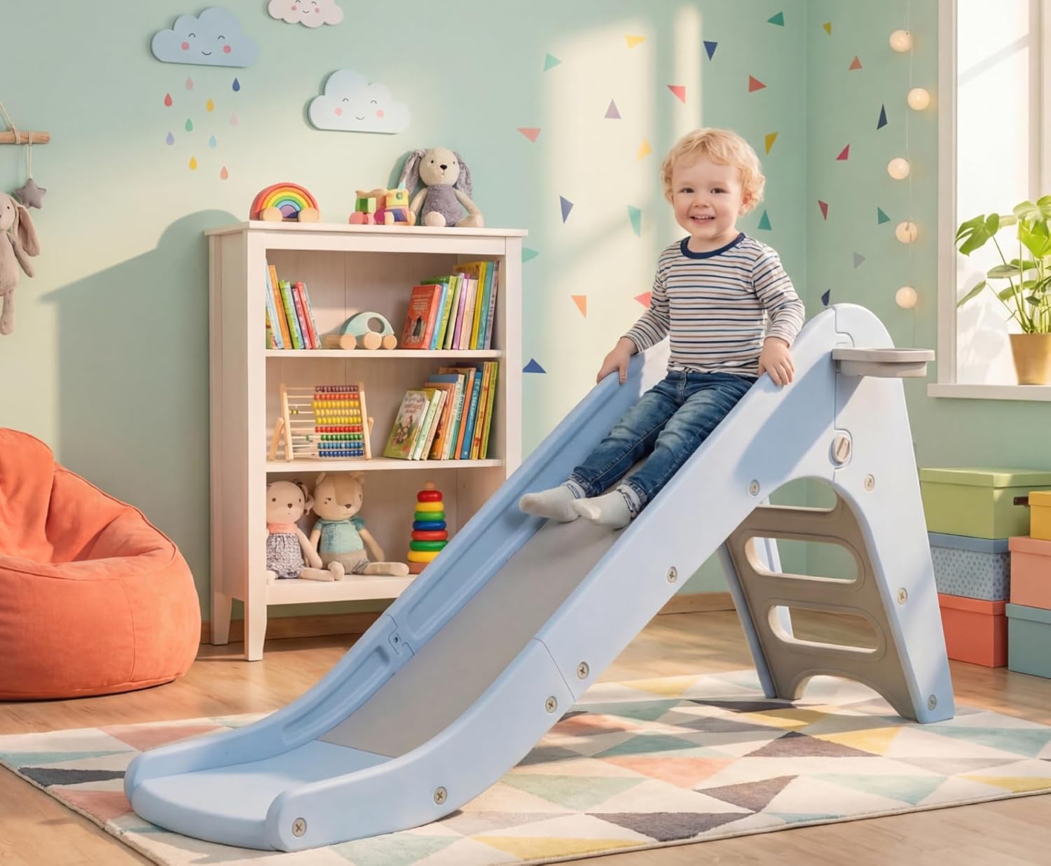 MAMIZO 3 in 1 Toddler Slide, Extra Long Baby Slide Climber Playset with Basketball Hoop & Ball, Non-Slip Steps, Freestanding Indoor Outdoor Playground (Sky Blue)