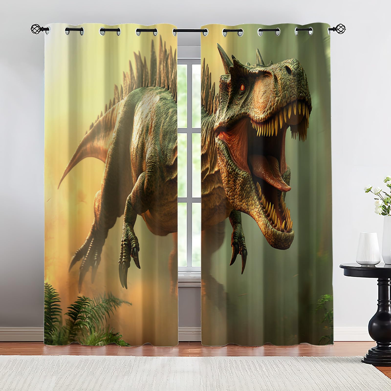 Lot de 2 rideaux occultants thermiques pour chambre à coucher, chambre d'enfant, dortoir, 117,1 x 160 cm, motif dinosaures anciens