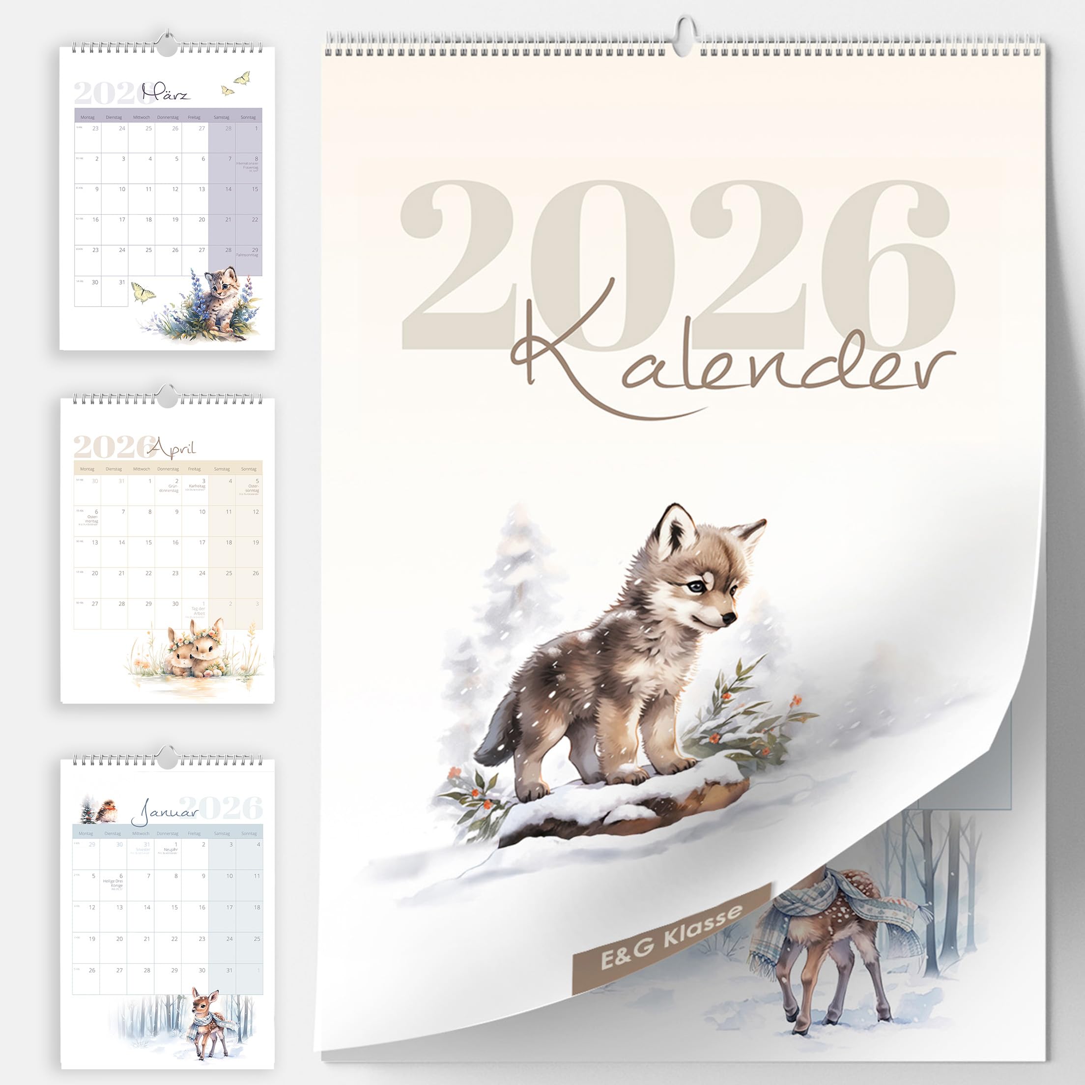 Kalender Wandkalender Monatskalender 2026 in A4 Aqaurell Waldtieren Tiere mit KW ´s Feiertagen und Ferienplan/Ferienübersicht viel Platz zum beschreiben Monate Familien Kinder Planer 21x30 cm (2026)